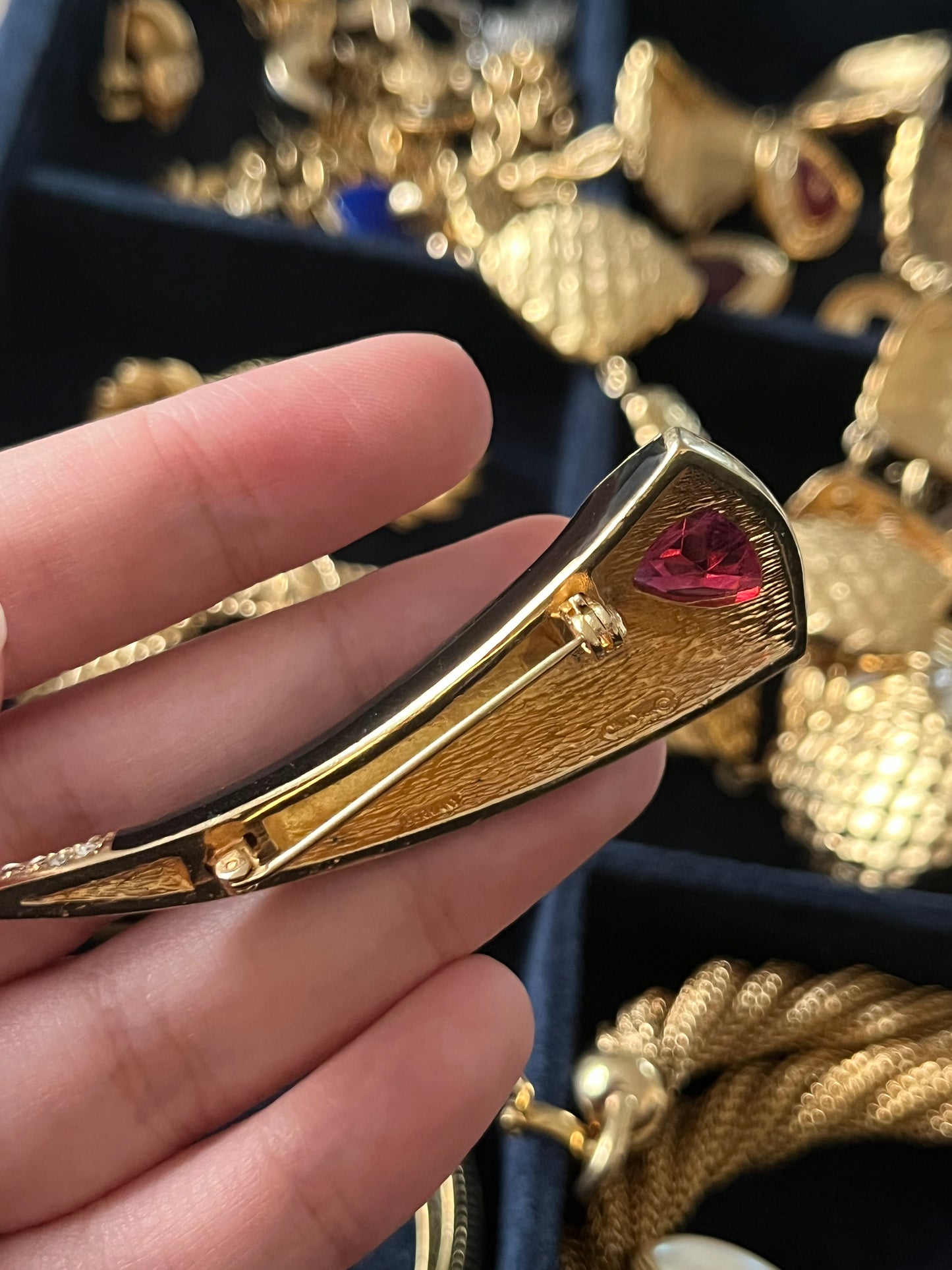 Vintage Christian Dior "Horn of Triumph" Triangular Red Swirly Glass Cabochon Black Enamel Rhinestone Gold-Plated Brooch