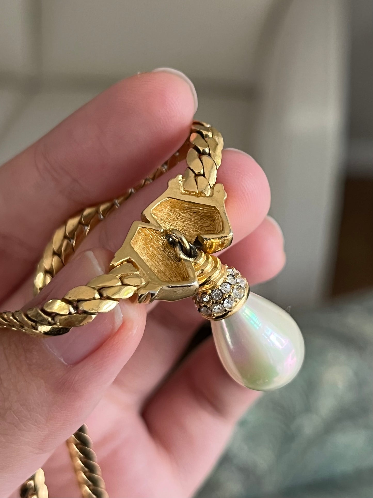 Vintage Christian Dior Rhinestone Knot Teardrop Pearl Drop Gold-Tone Necklace