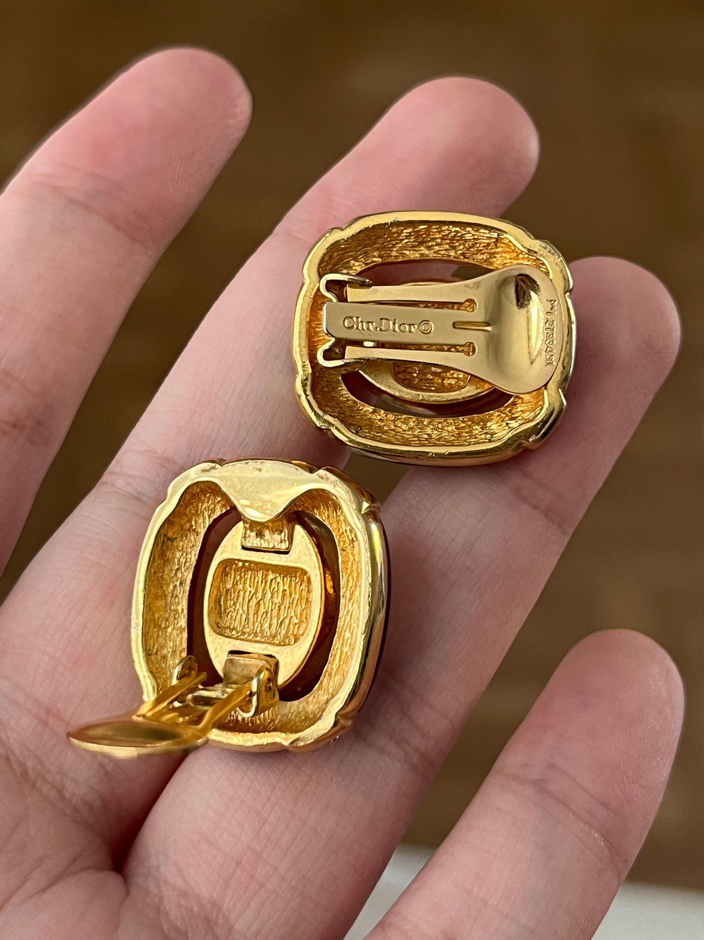 Vintage Christian Dior Oval Pearl Cabochon Hollow Black Enamel Edge Gold-Tone Clip-On Earrings