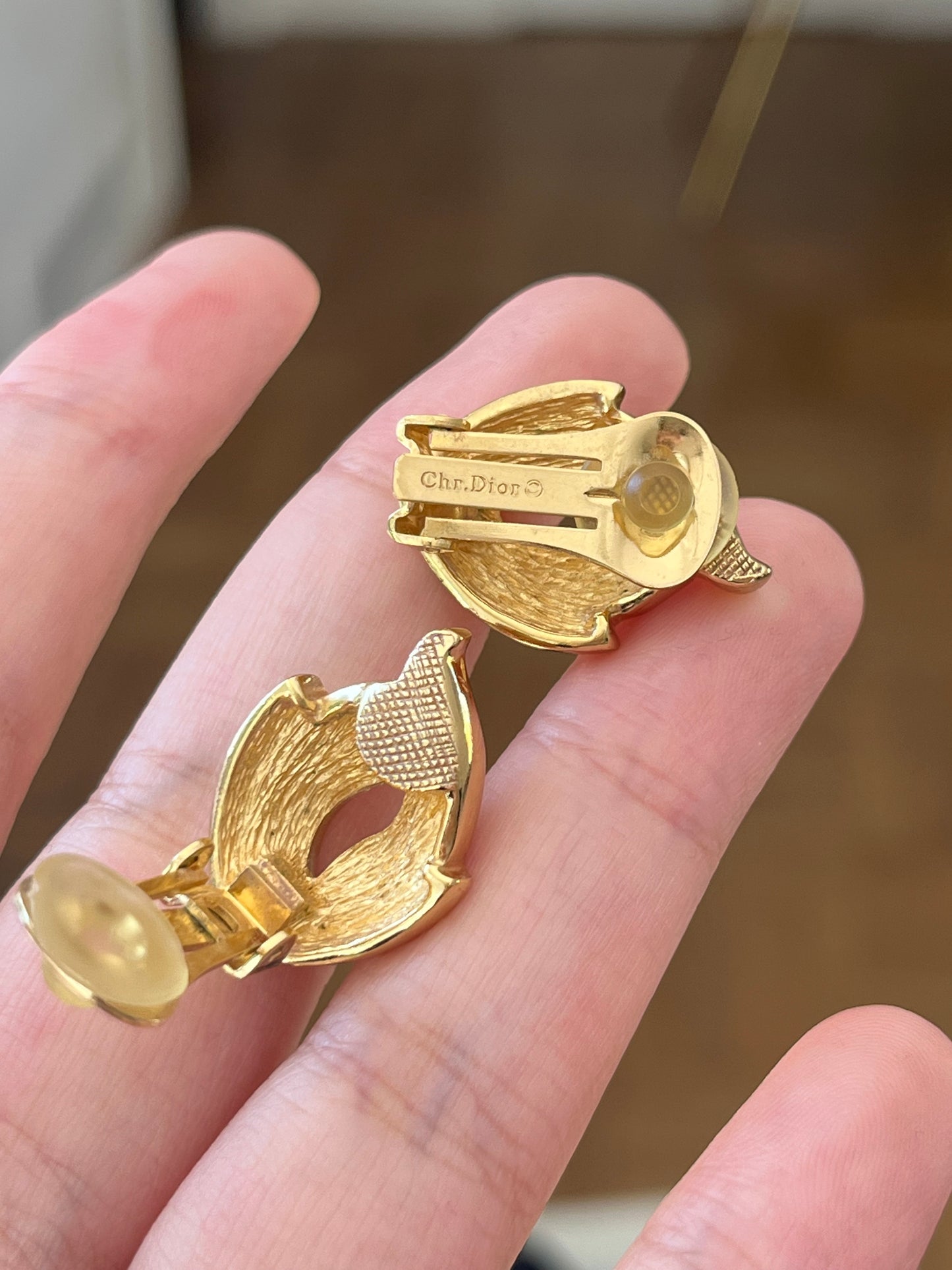 Vintage Christian Dior Pedal Flame Rhinestone Pavé Gold-Tone Clip-On Earrings