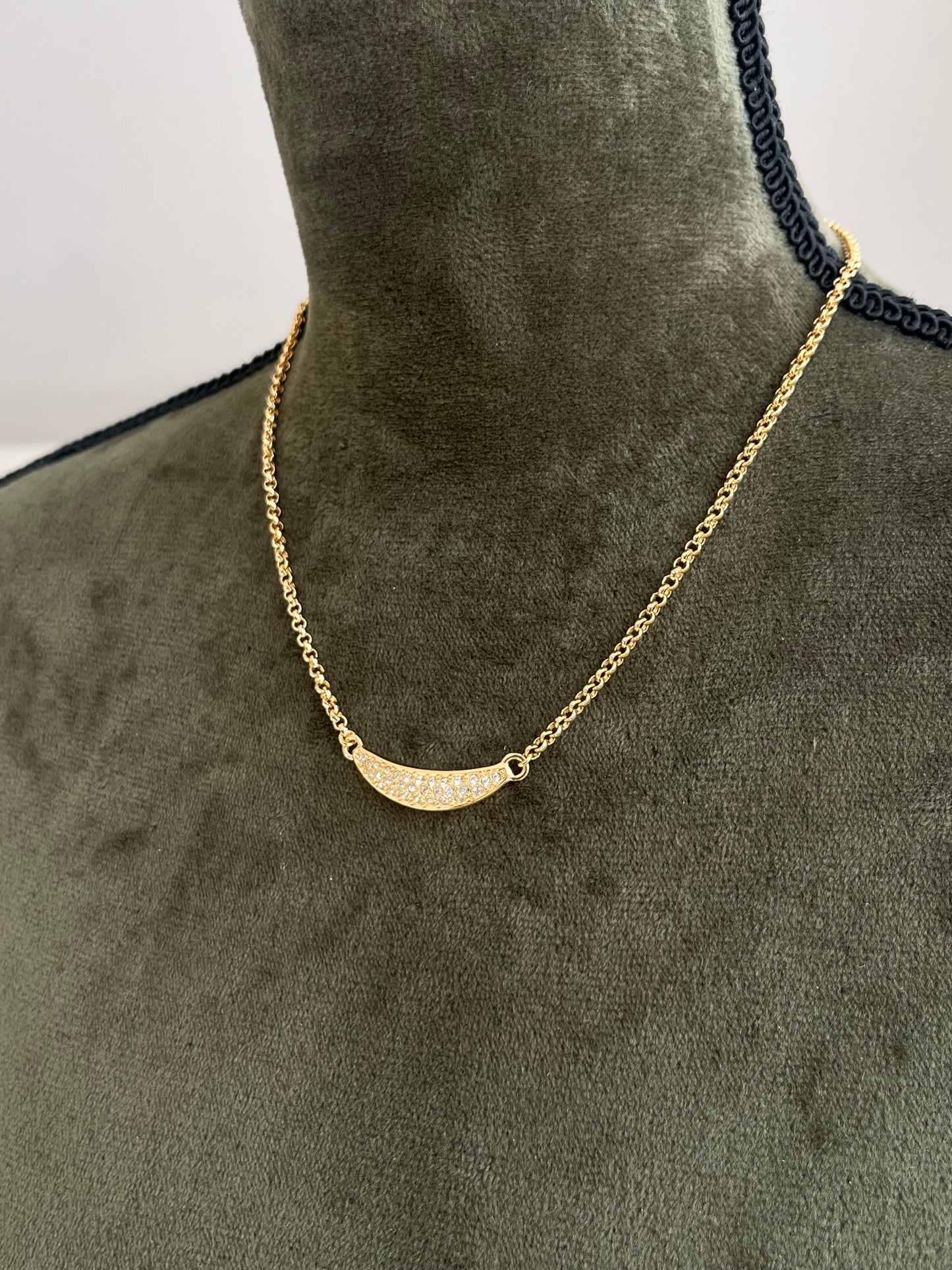 Vintage Christian Dior Crescent Moon Smile Rhinestone Pavé Gold-Tone Braided Chain Necklace