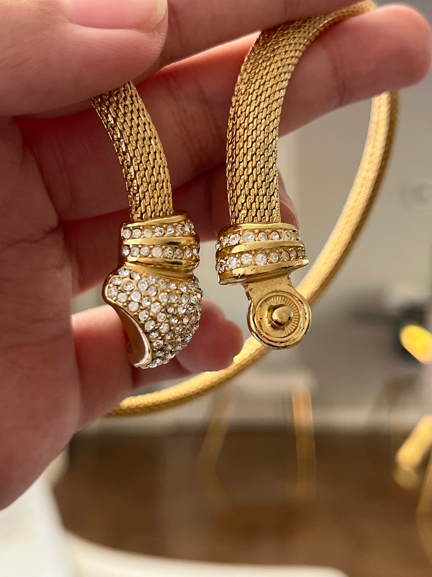 Vintage Christian Dior Rhinestone Pavé Braided Mesh Chain Gold-Tone Choker Necklace