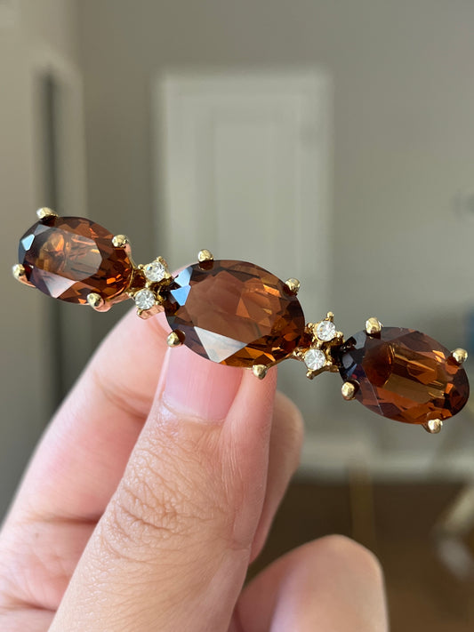 Vintage Christian Dior "Crystal" Collection Oval Open Back Brown Rhinestone Prong Gold-Tone Bar Brooch