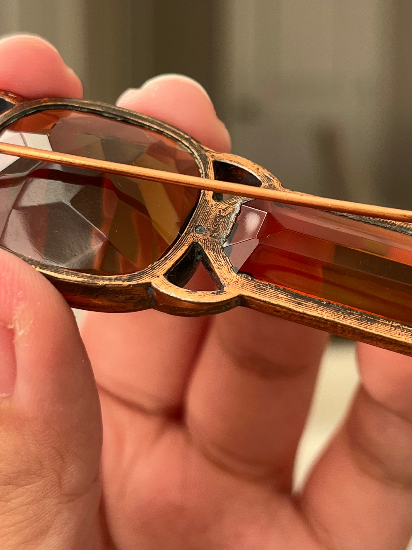 Vintage Yves Saint Laurent YSL Large Open Back Brown Rhinestone Rose Gold-Tone Bar Brooch