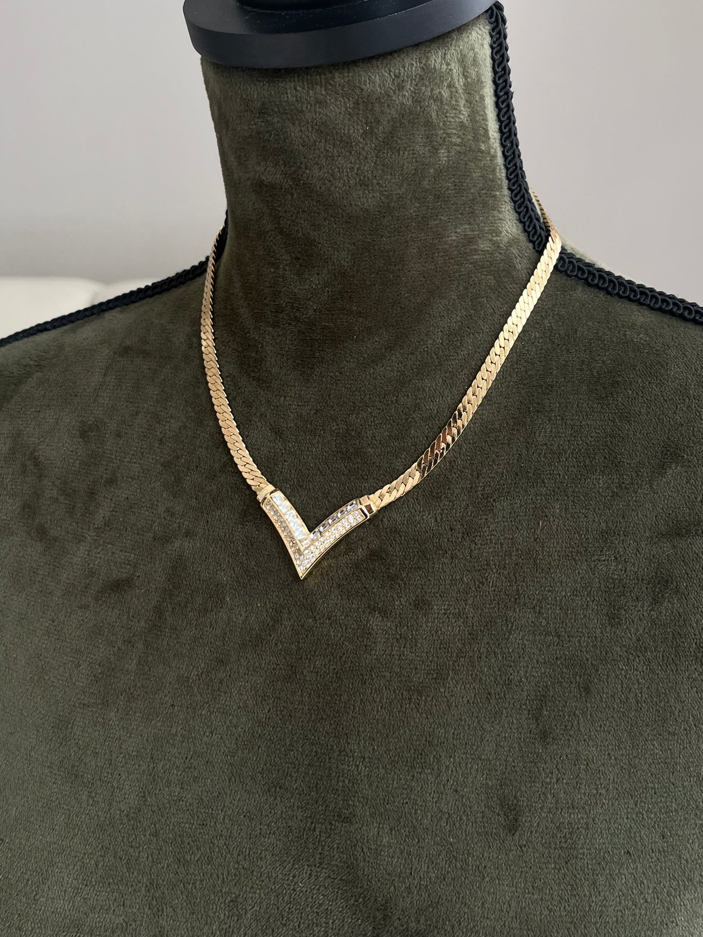 Vintage Christian Dior "V" Shape Square Clear Rhinestone Gold-Tone Chain Necklace