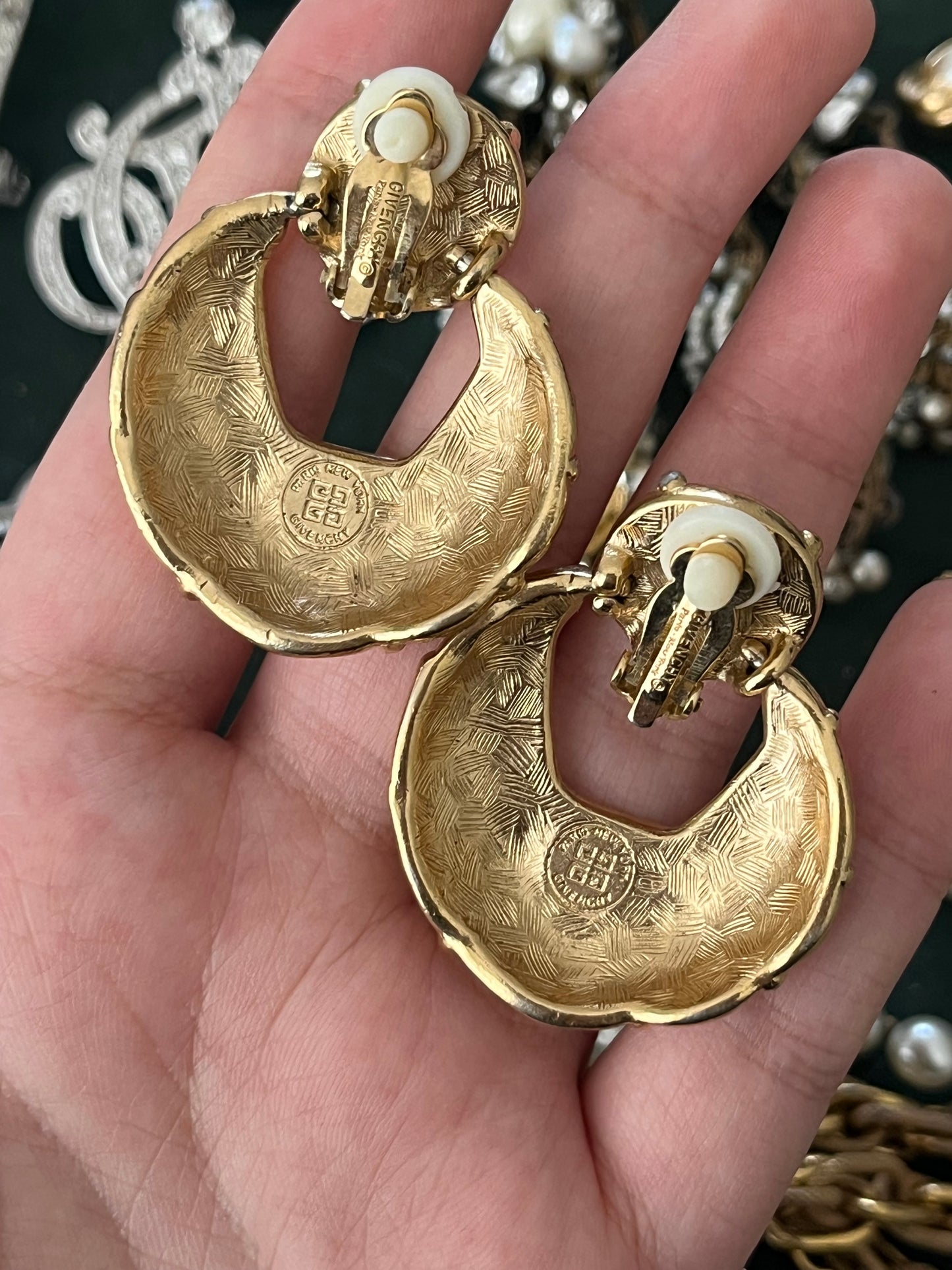 Vintage Givenchy Door Knocker Round Pearl Quilted Drop Gold-Tone Clip-On Earrings