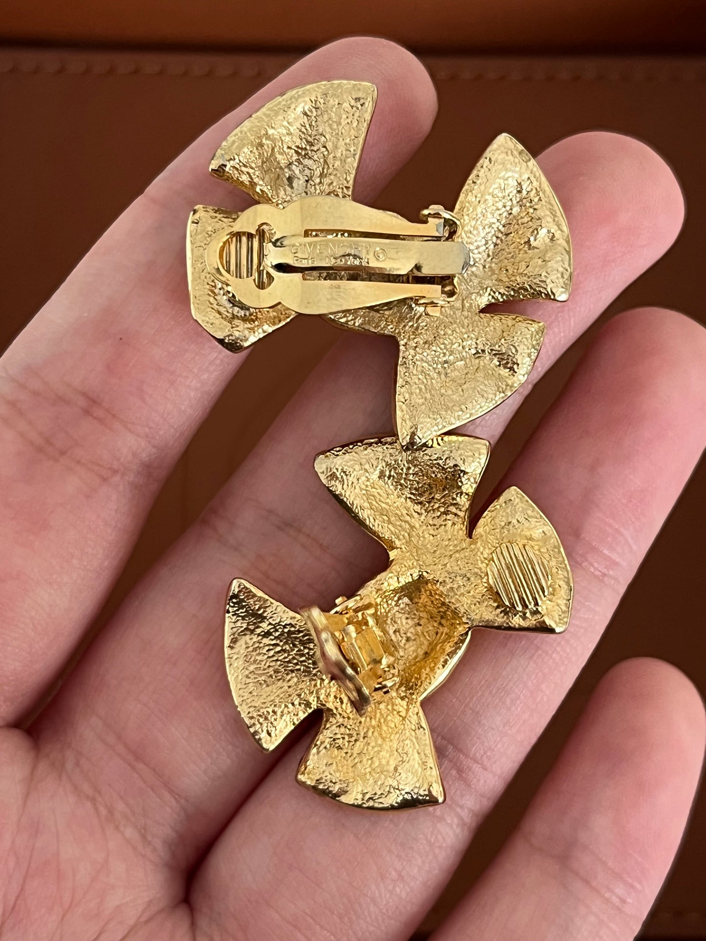 Vintage Givenchy Bow Tie Butterfly Knot White Enamel Rhinestone Pavé Gold-Tone Clip-on Earrings