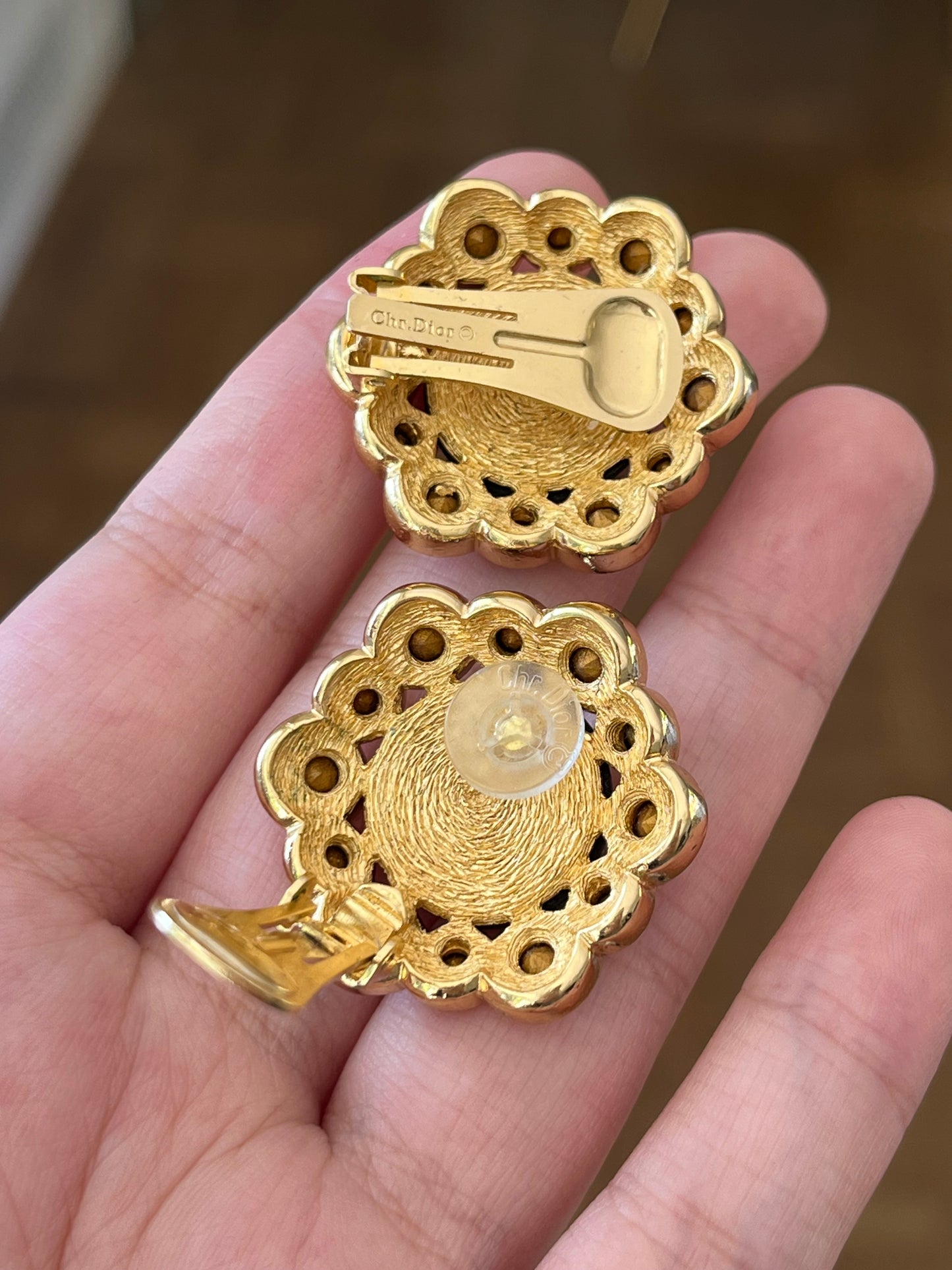 Vintage Christian Dior Flower Round Black Poured Glass Cabochon Large Rhinestone Edge Gold-Tone Clip-On Earrings