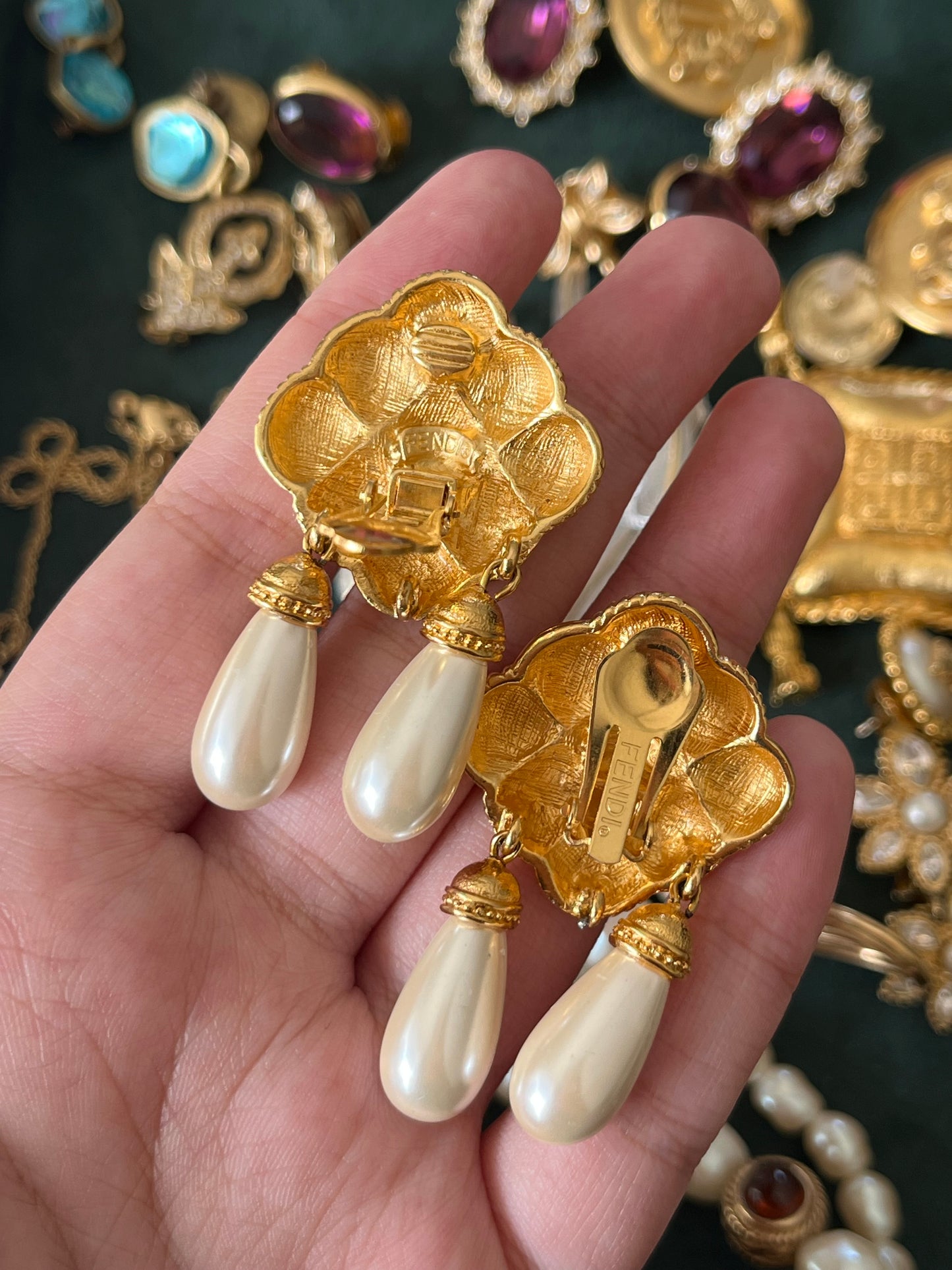 Vintage Fendi "Braided Croissant" Collection Pearl Dangle Drop Gold-Tone Clip-On Earrings