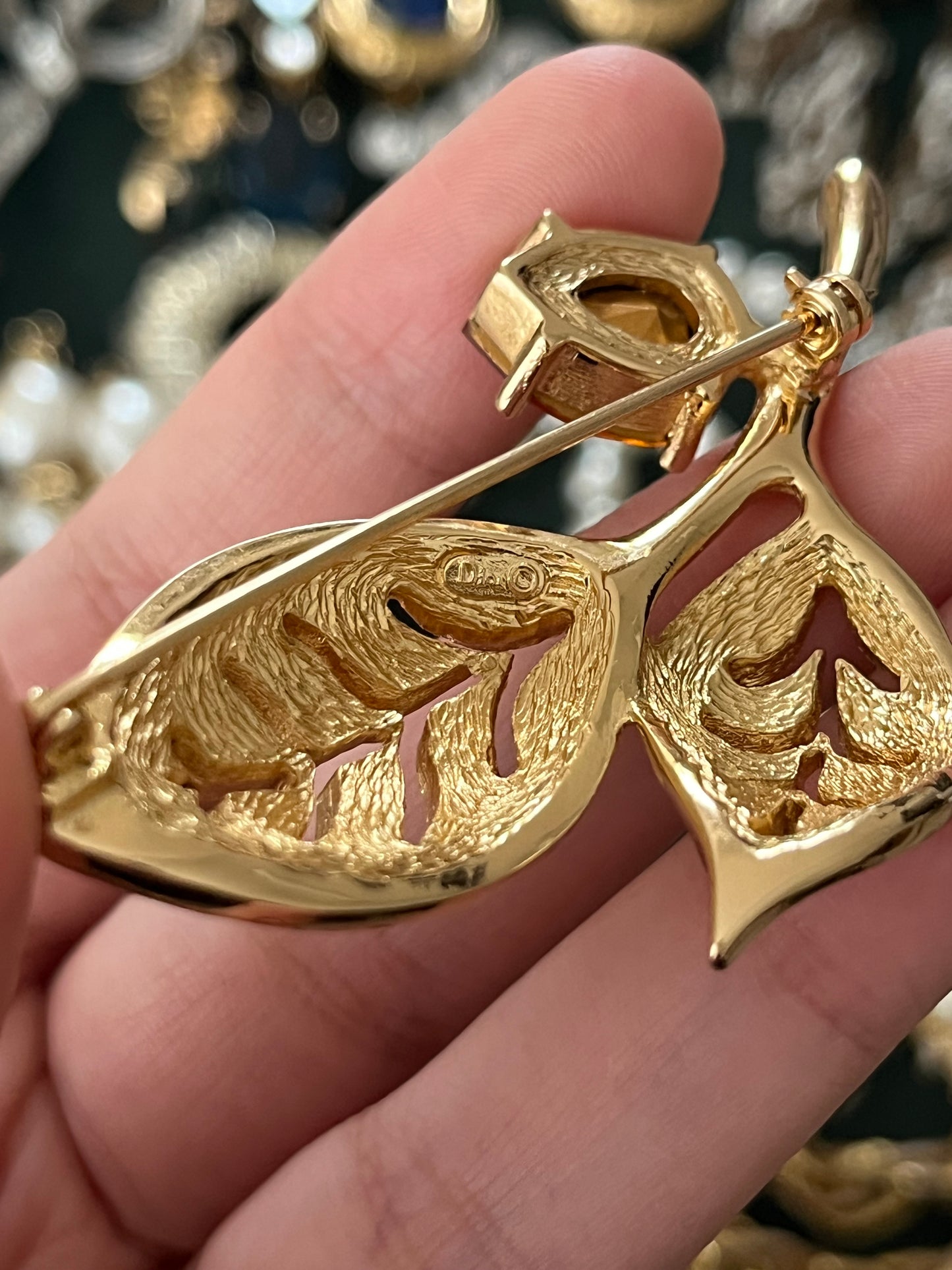 Vintage Christian Dior Leaf Branch Teardrop Orange Rhinestone Prong Gold-Tone Brooch