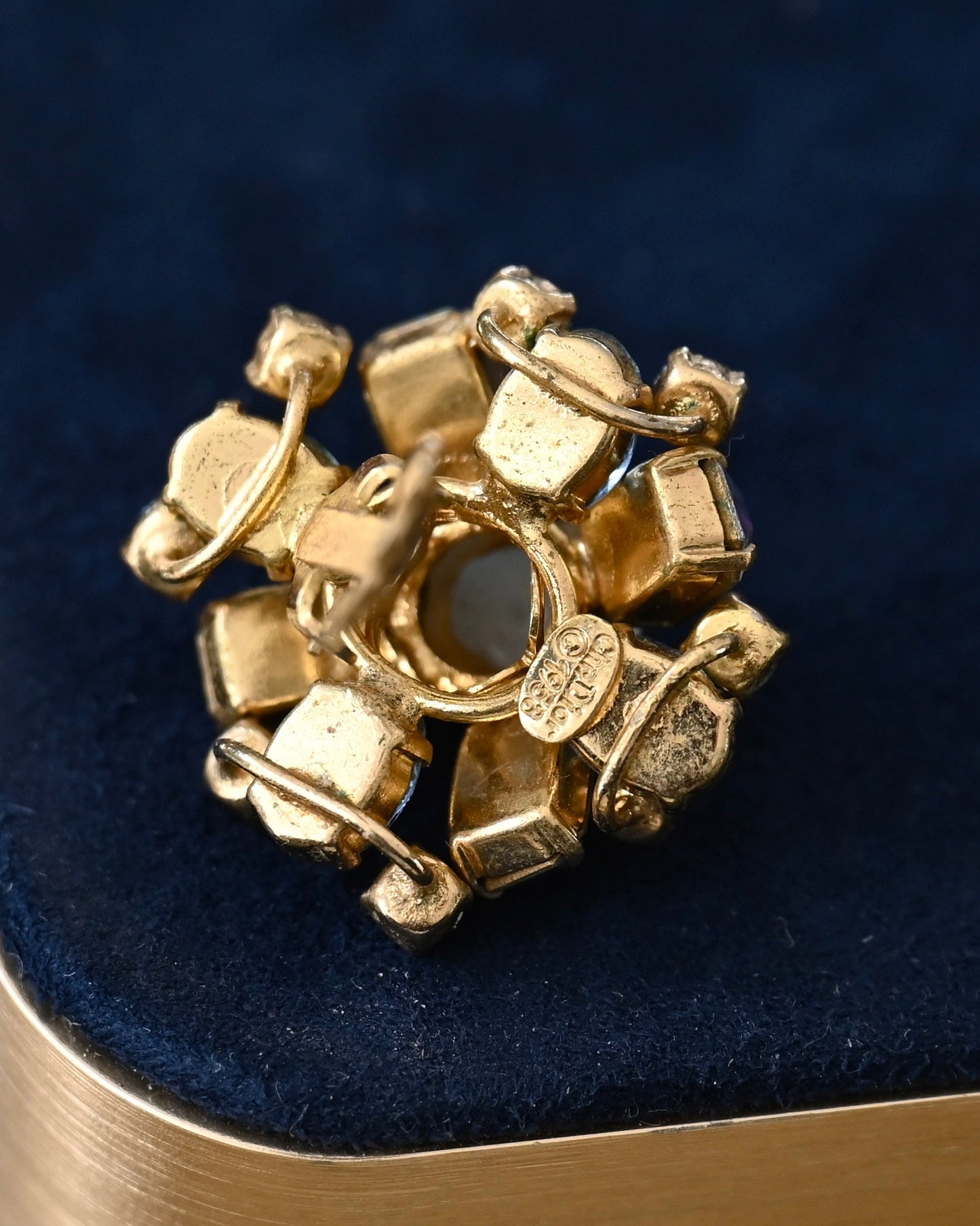 Vintage Christian Dior 1958 Blue Purple AB Rhinestone Prong Gold-Tone Clip-On Single Earring