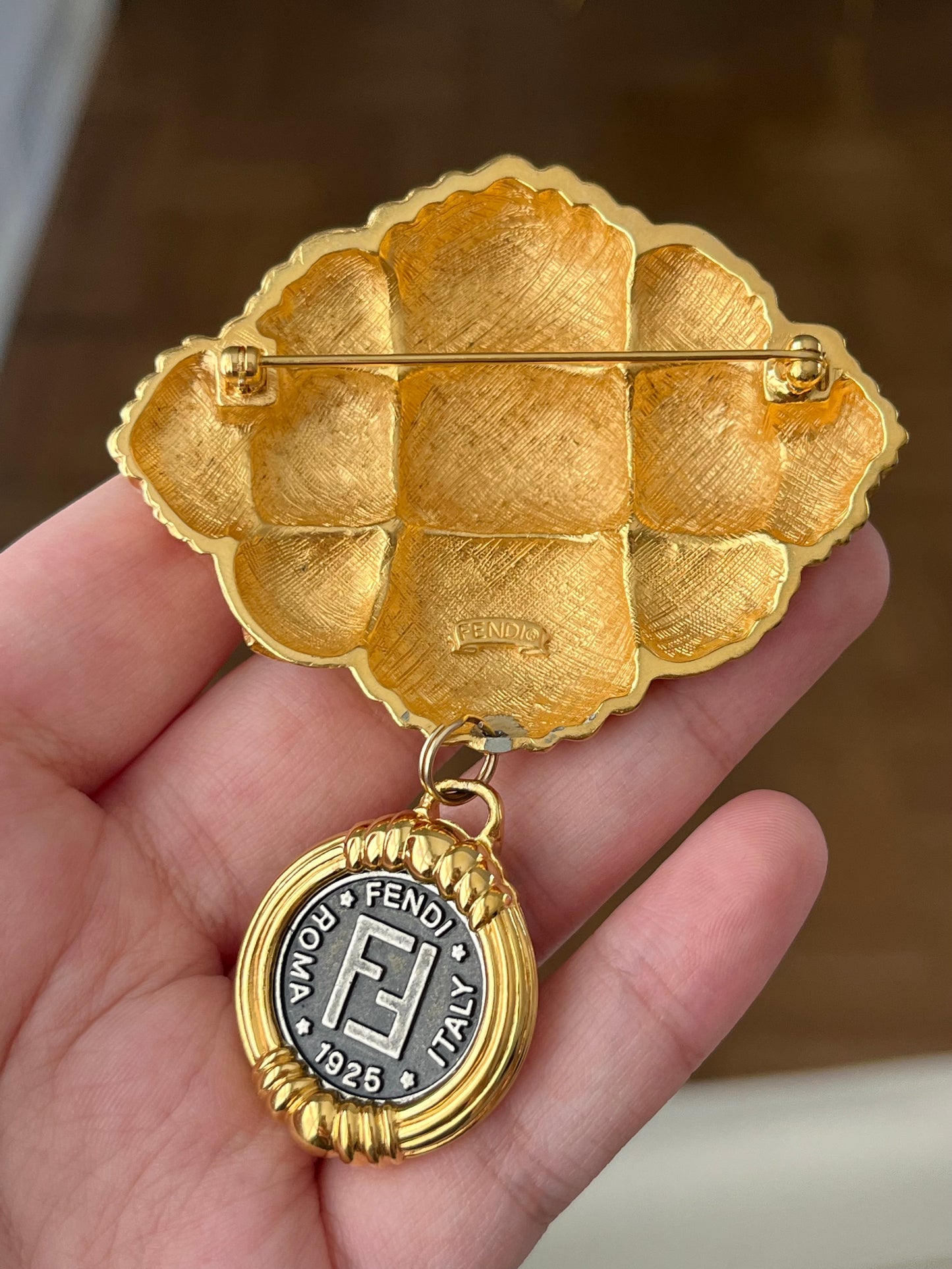 Vintage Fendi "Braided Croissant" Collection Double-F Logo Cameo Patinated Antique-Style Coin Drop Dangle Gold-Tone Brooch