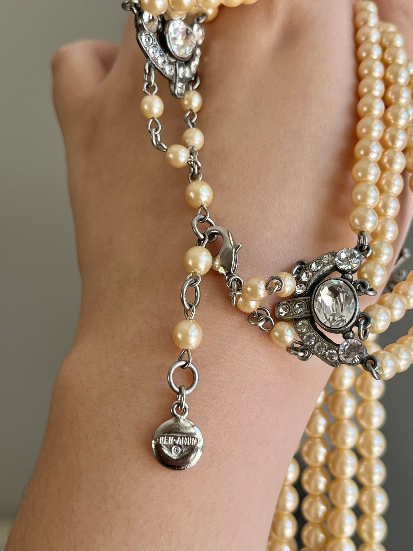 Vintage Ben-Amun Maltese Flower Accent Pearl Beaded Four-Stranded Layered Long Silver-Tone Statement Necklace