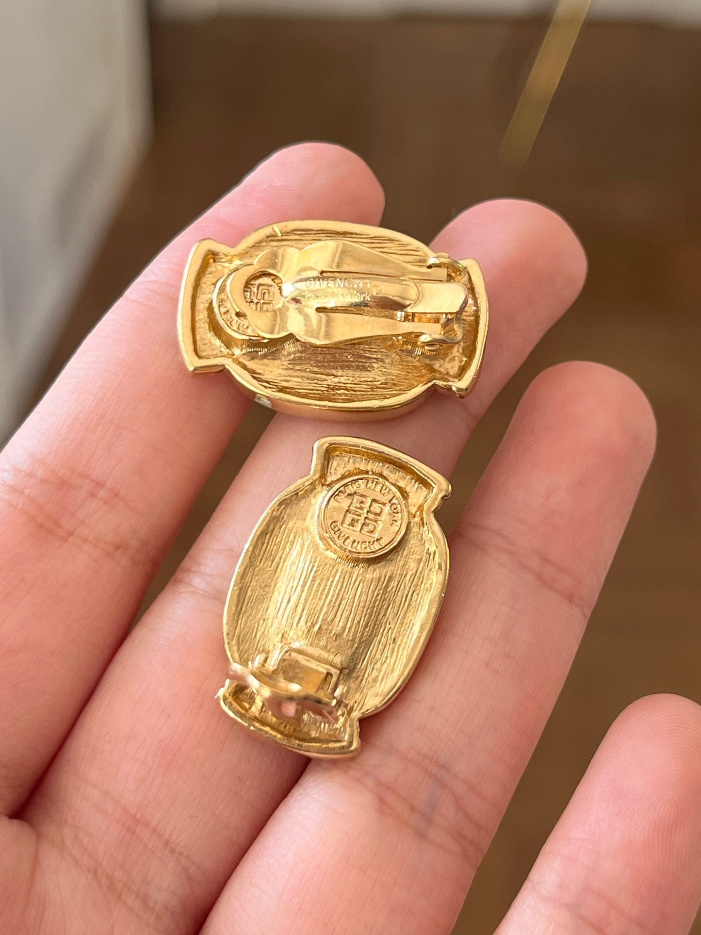 Vintage Givenchy Greek Hoplite Cameo Black Molded Glass Cabochon Gold-Tone Clip-On Earrings