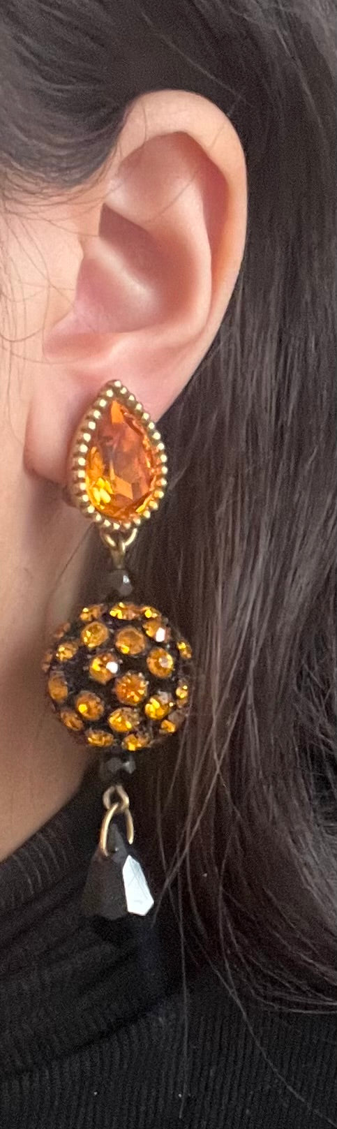 Vintage Yves Saint Laurent Rive Gauche YSL Orange Rhinestone Ball Dangle Drop Long Shoulder Brush Gold-Tone Clip-On Earrings