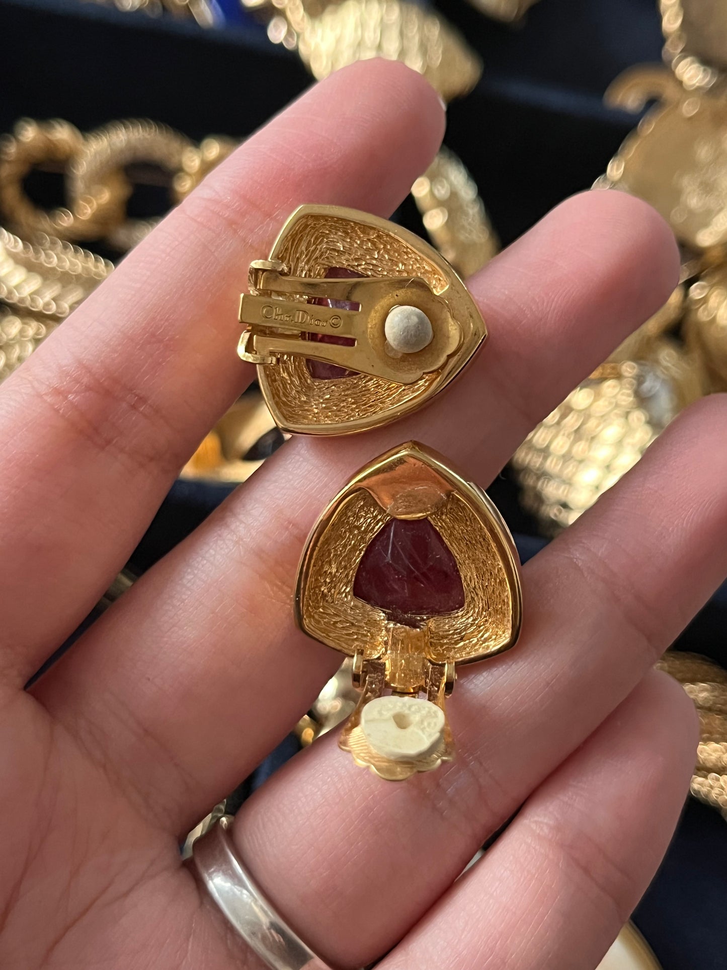 Vintage Christian Dior Triangular Red Swirly Glass Cabochon Rhinestone Edge Gold-Tone Clip-On Earrings