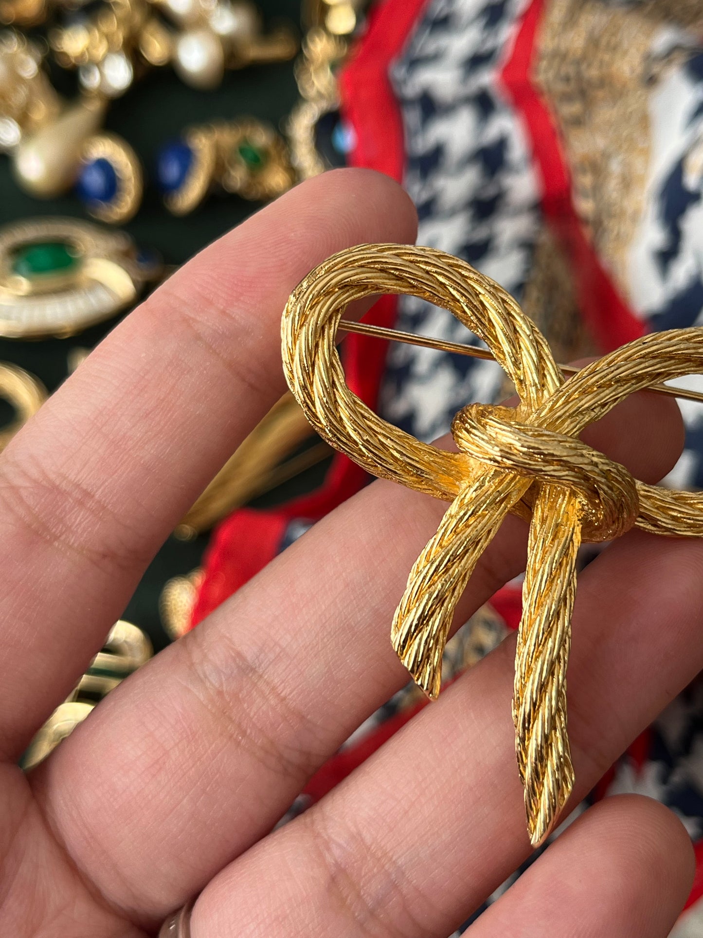 Vintage Christian Dior "Rope" Collection Bow Tie Butterfly Knot Braided Rope Brushed Gold-Tone Brooch