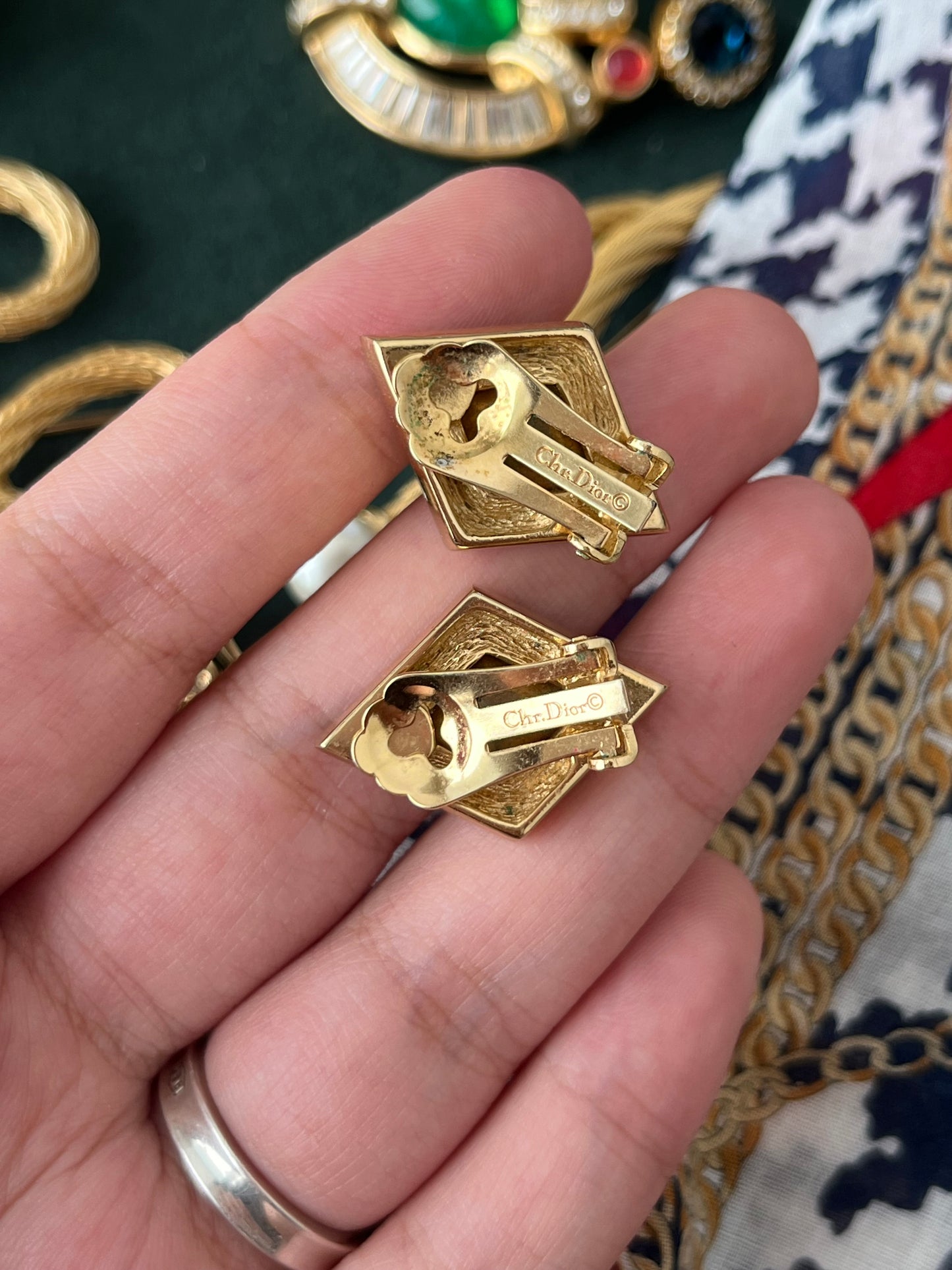 Vintage Christian Dior Diamond Cut Purple Rhinestone Bezel Set Gold-Tone Clip-On Earrings