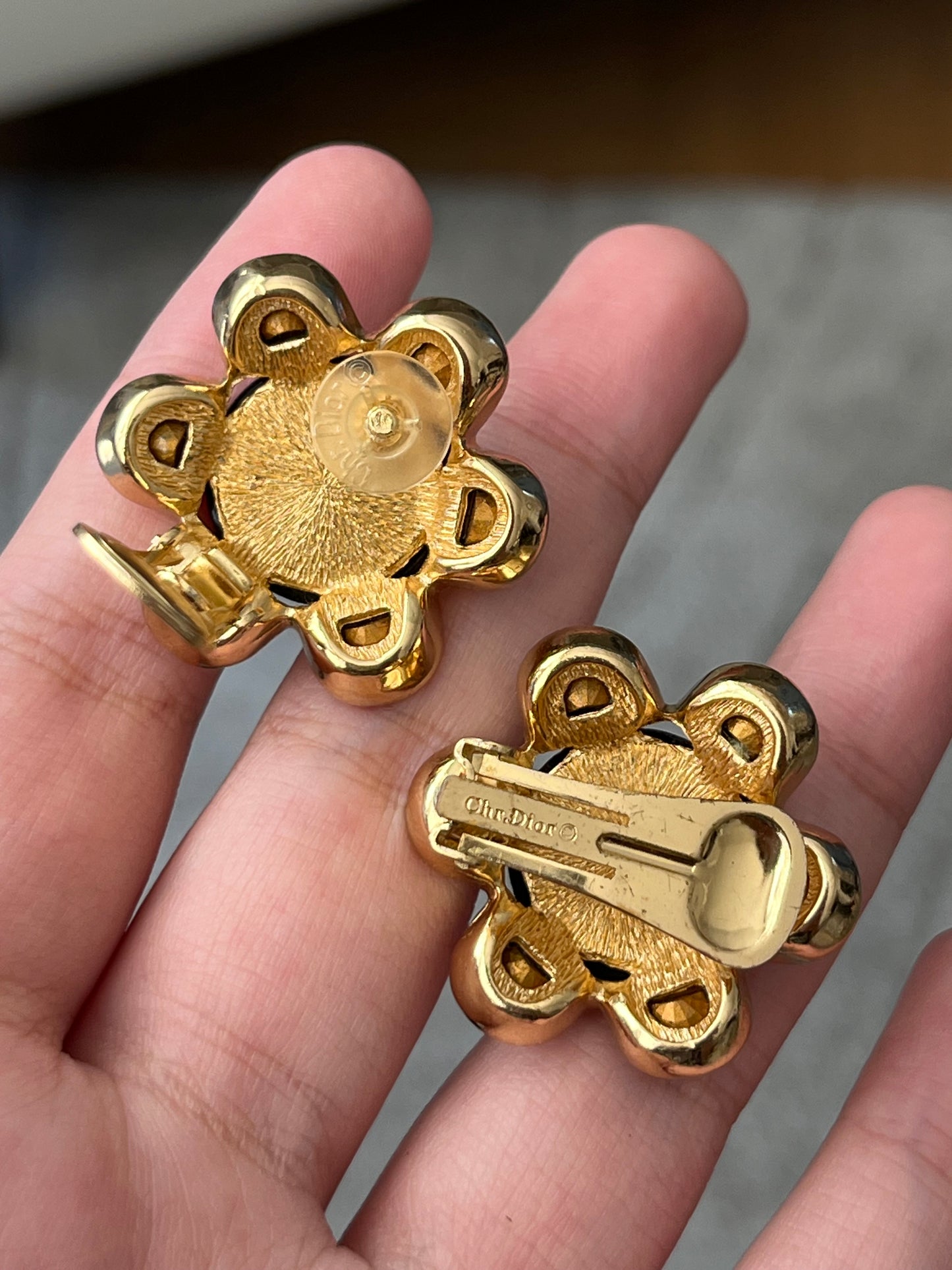 Vintage Christian Dior Flower Round Black Poured Glass Cabochon Large Rhinestone Pedal Gold-Plated Clip-On Earrings