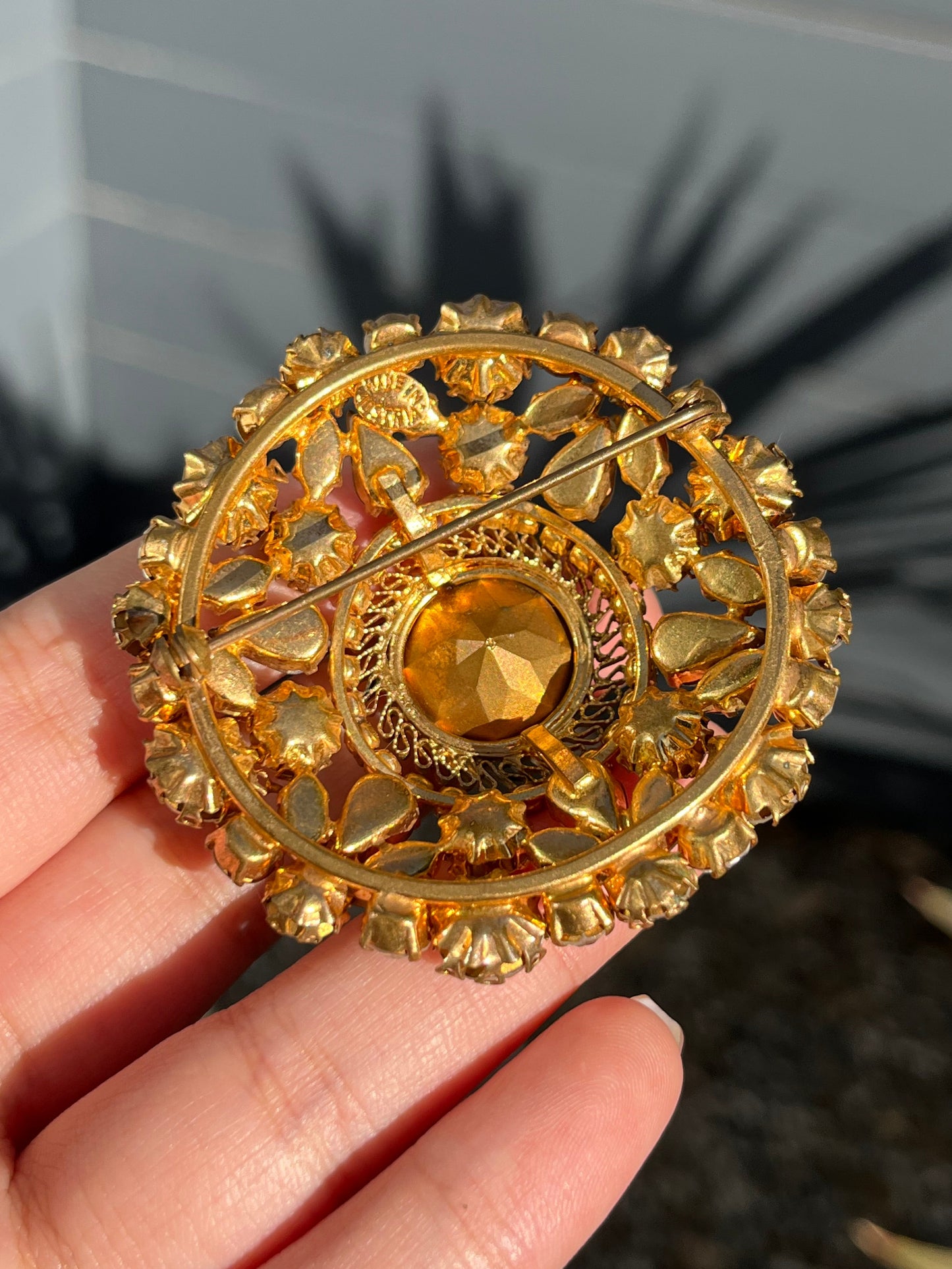 Vintage Made In Austria Snowflake Clear Rhinestone Prong Gold-Tone Filigree Brooch