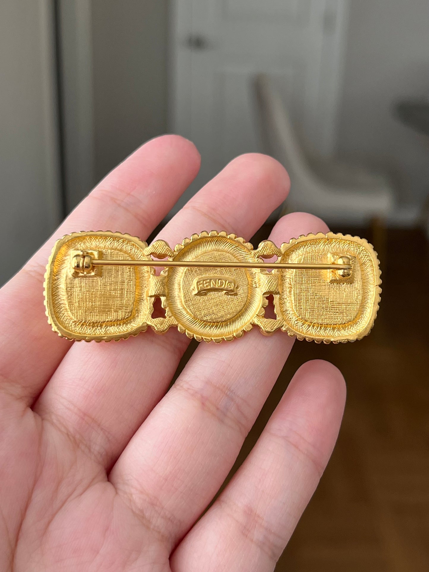 Vintage Fendi Classic Crown Motif Sugarloaf-Cut Pearl Rhinestone Gold-Tone Bar Brooch