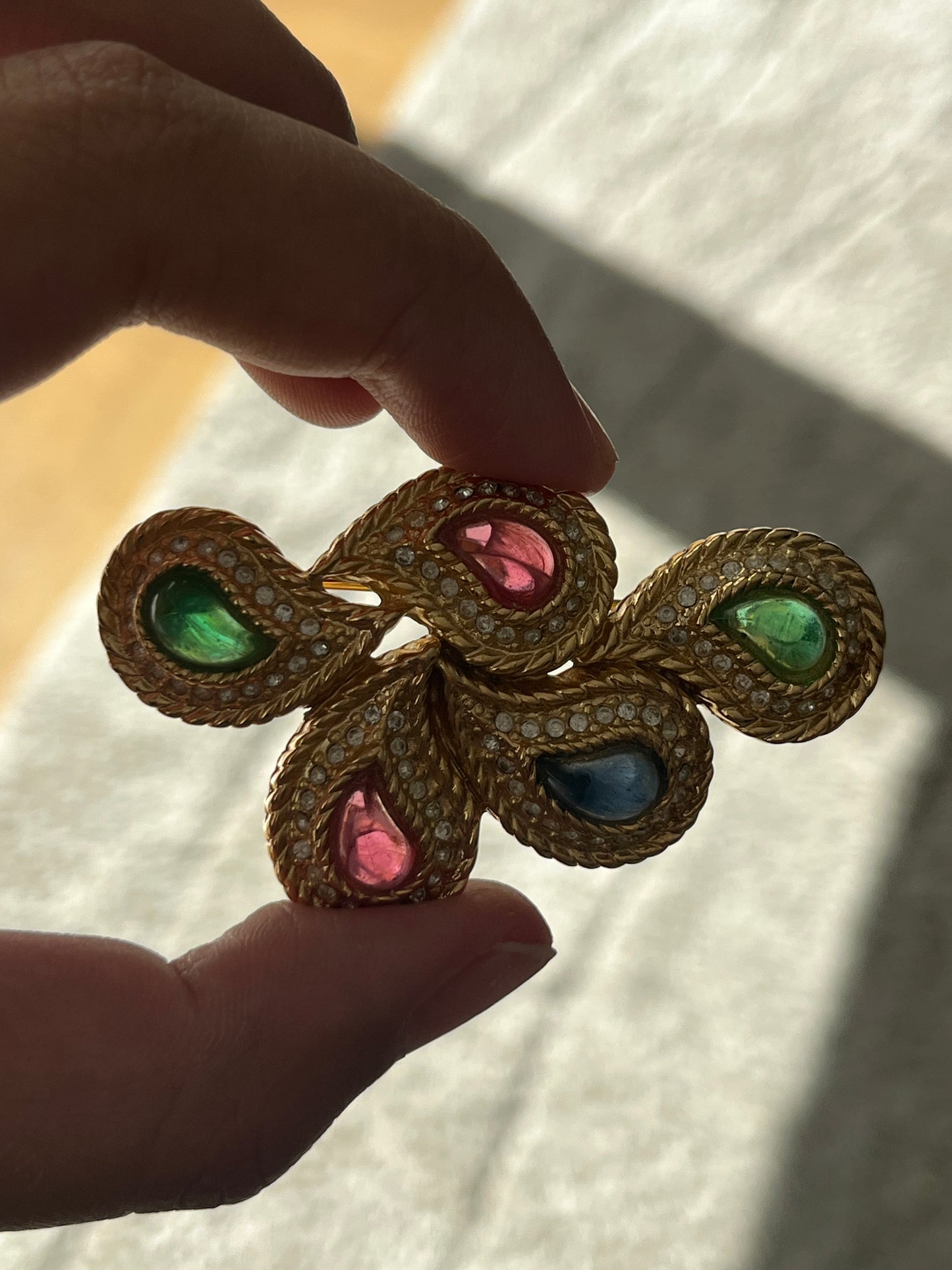 Vintage Christian Dior "Phoenix's Feather" Paisley Tri-Color Poured Glass Cabochon Gold-Tone Brooch