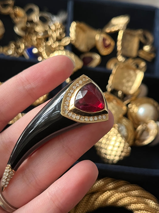 Vintage Christian Dior "Horn of Triumph" Triangular Red Swirly Glass Cabochon Black Enamel Rhinestone Gold-Plated Brooch