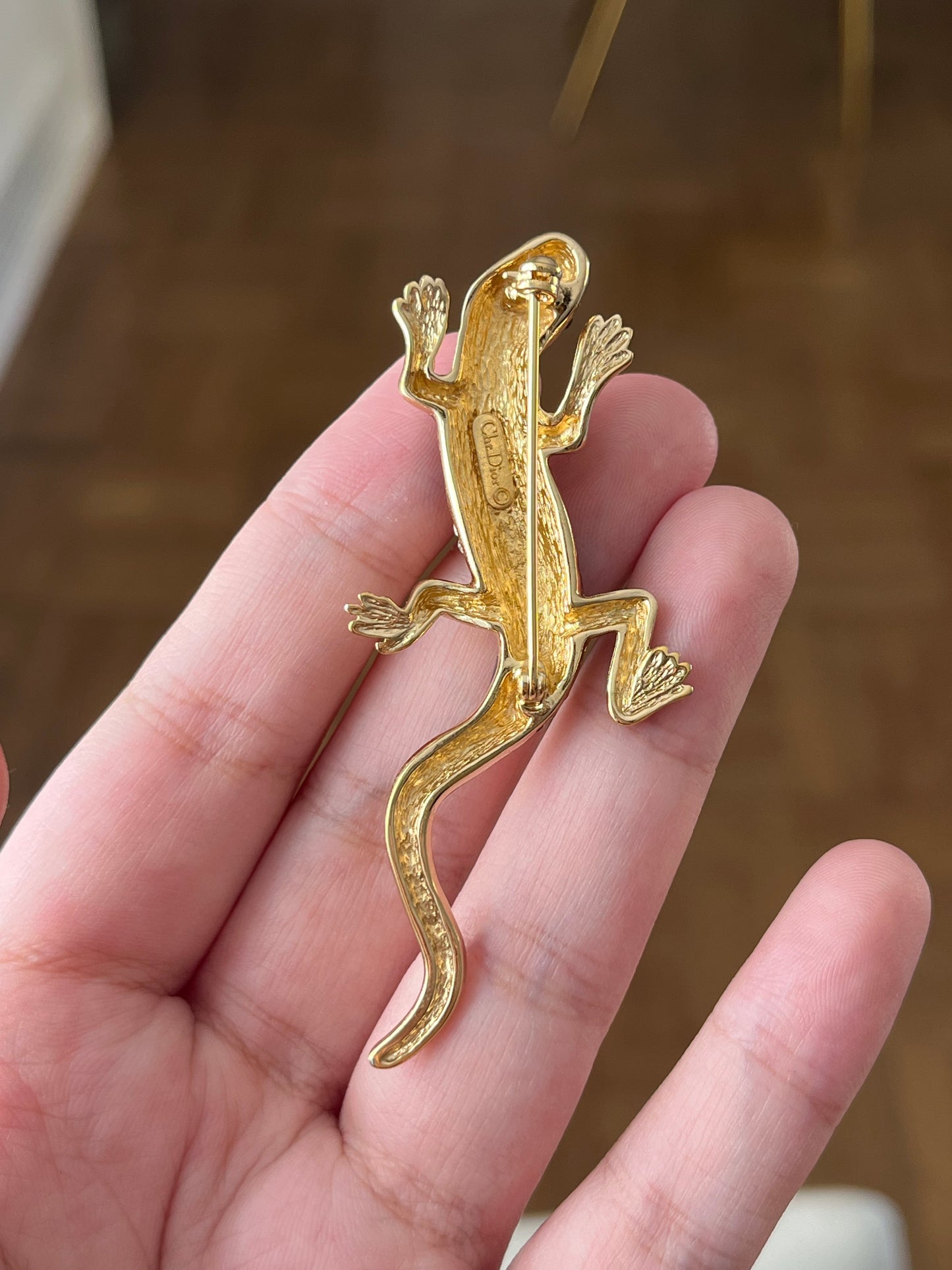 Vintage Christian Dior "Zoo" Collection Lizard Black Enamel Rhinestone Gold-Tone Brooch