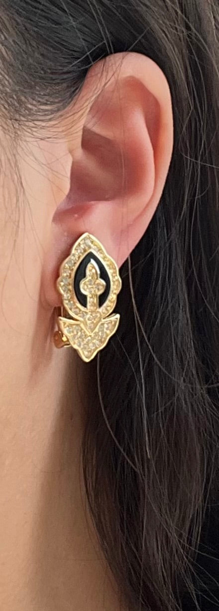 Vintage Christian Dior "Fluer De Lis" Spade Black Enamel Rhinestone Gold-Tone Clip-On Earrings