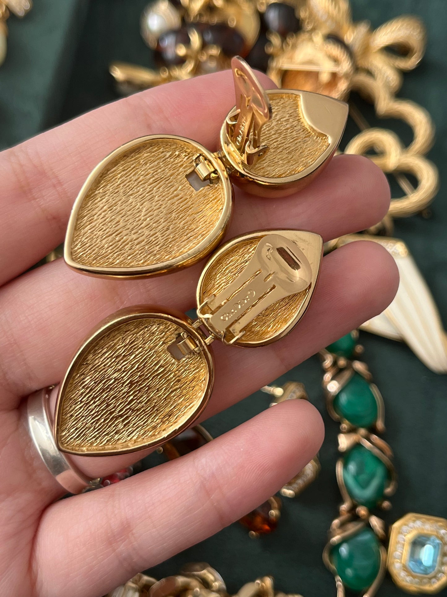 Vintage Christian Dior Teardrop Pearl Cabochon Dangle Drop Gold-Tone Clip-On Earrings