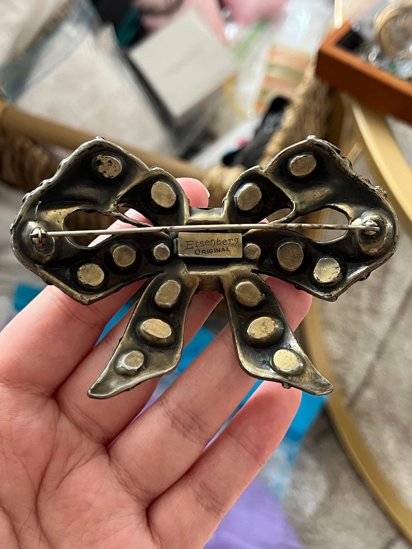 Vintage Eisenberg Original 1920s Bow Tie Butterfly Knot Large Rhinestone Bronze-Tone Brooch