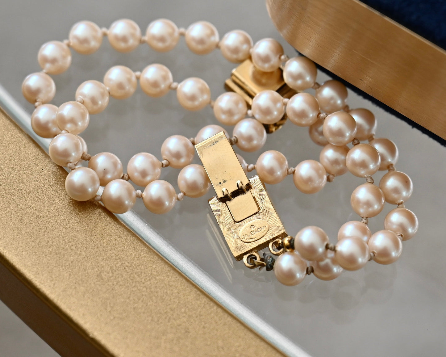 Vintage Givenchy Classic "G" Logo Clasp Double-Stranded Layered Pearl Gold-Tone Bracelet