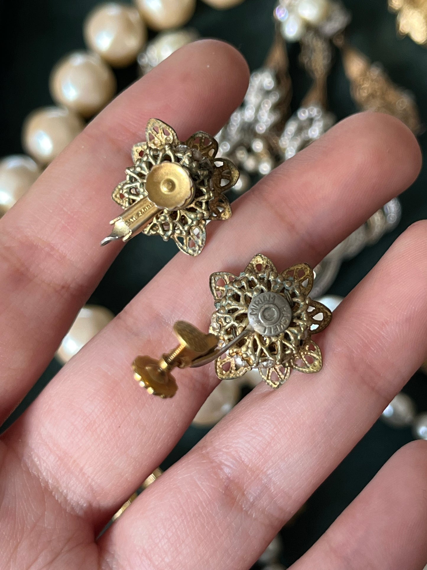 Vintage Miriam Haskell Classic "Niki" Baroque Glass Pearl Bronze-Tone Filigree Screw Back Clip-On Earrings