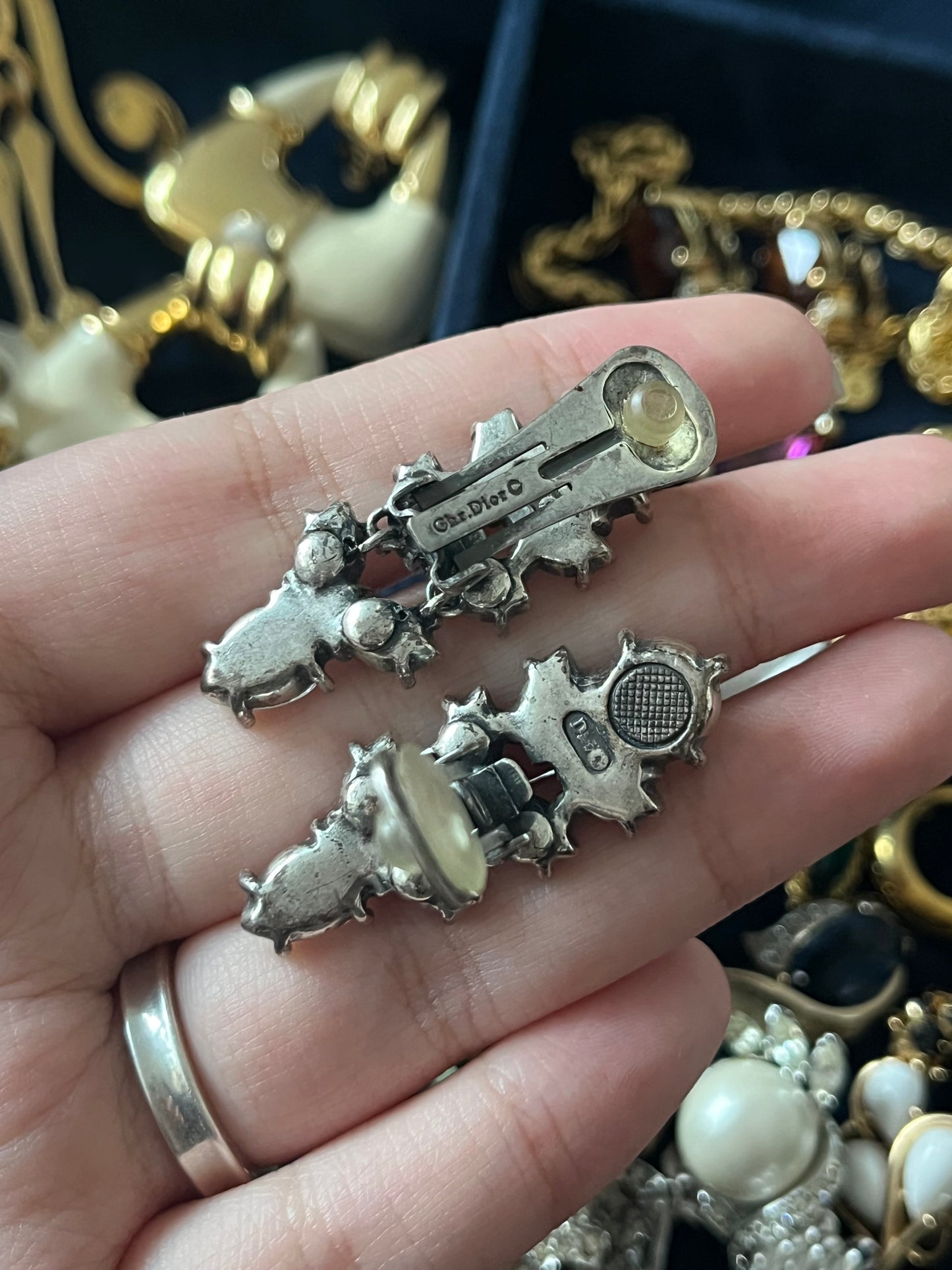 Vintage Christian Dior "Ears of Wheat" Marquise Rhinestone Drop Patinated Silver-Plated Clip-On Earrings with Original Card