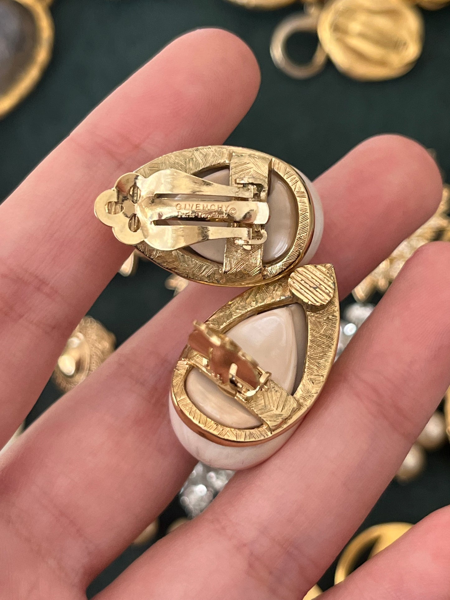 Vintage Givenchy Teardrop Cream Faux Marble Shell Resin Cabochon Gold-Tone Clip-On Earrings