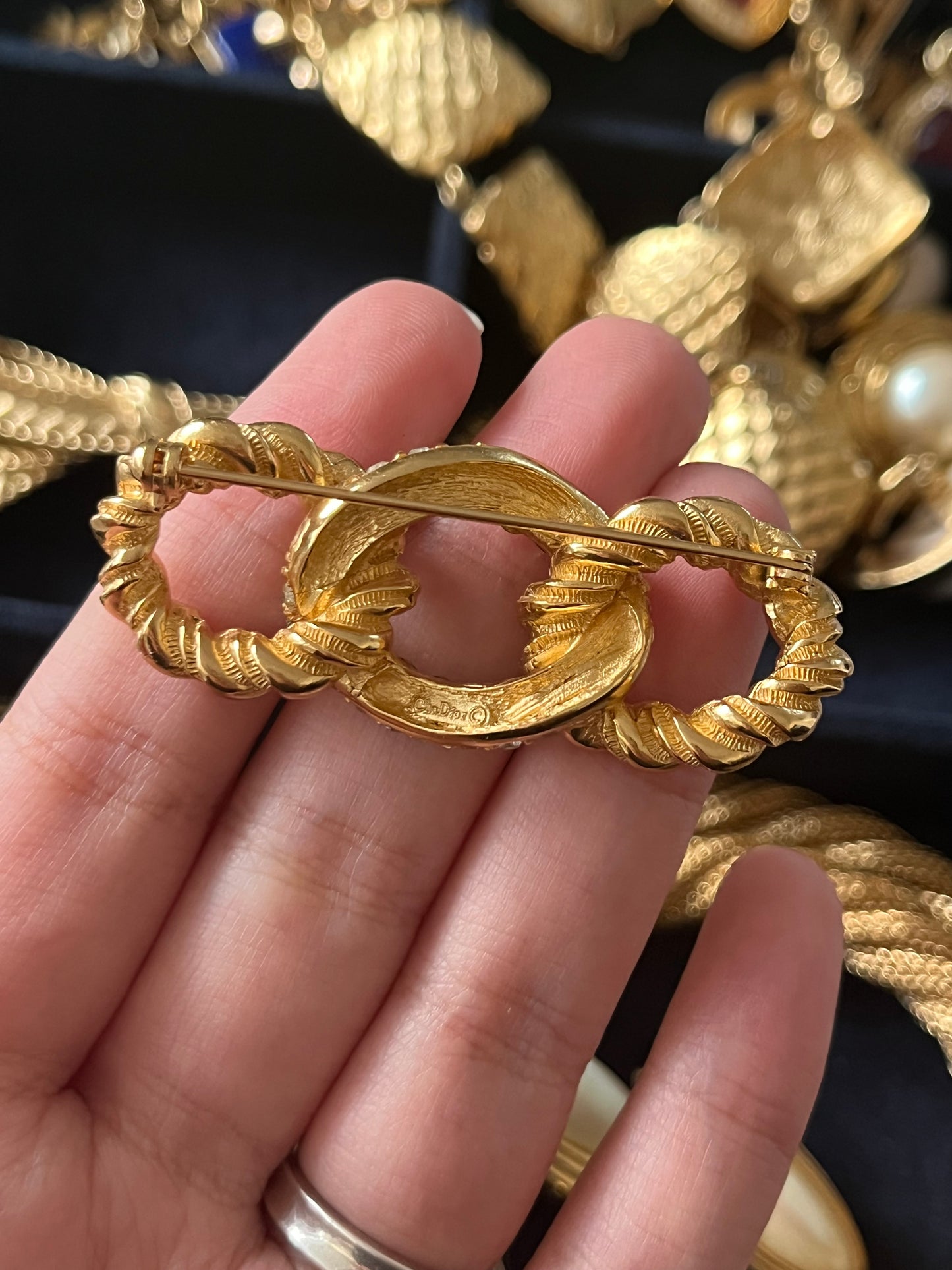 Vintage Christian Dior "Rope" Collection Braided Knot Brushed Gold Rhinestone Gold-Tone Bar Brooch