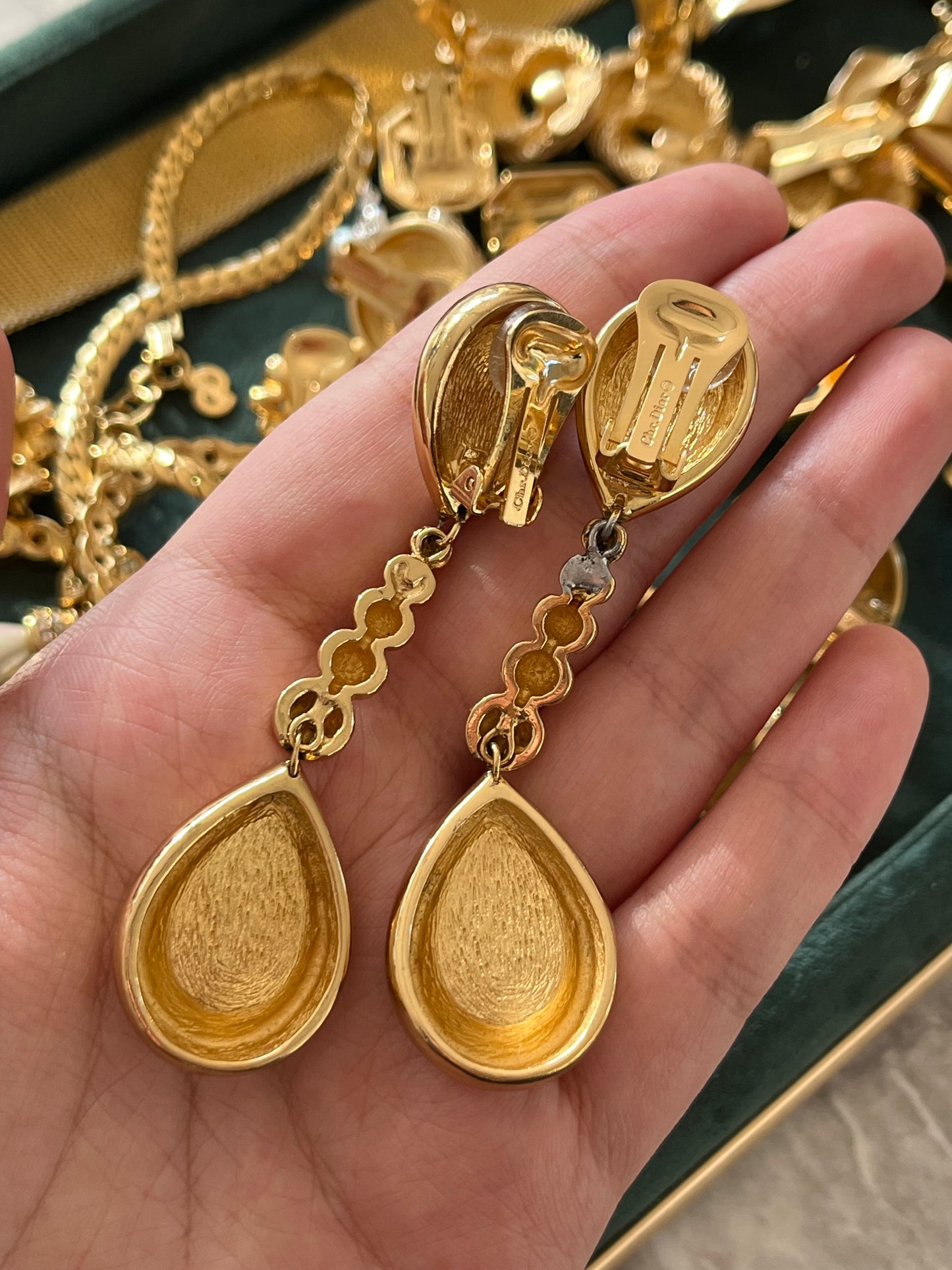 Vintage Christian Dior Teardrop Blue Green Swirly Poured Glass Cabochon Dangle Drop Long Shoulder Brush Gold-Plated Clip-On Earrings