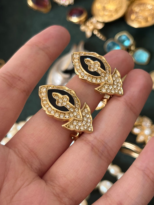 Vintage Christian Dior "Fluer De Lis" Spade Black Enamel Rhinestone Gold-Tone Clip-On Earrings