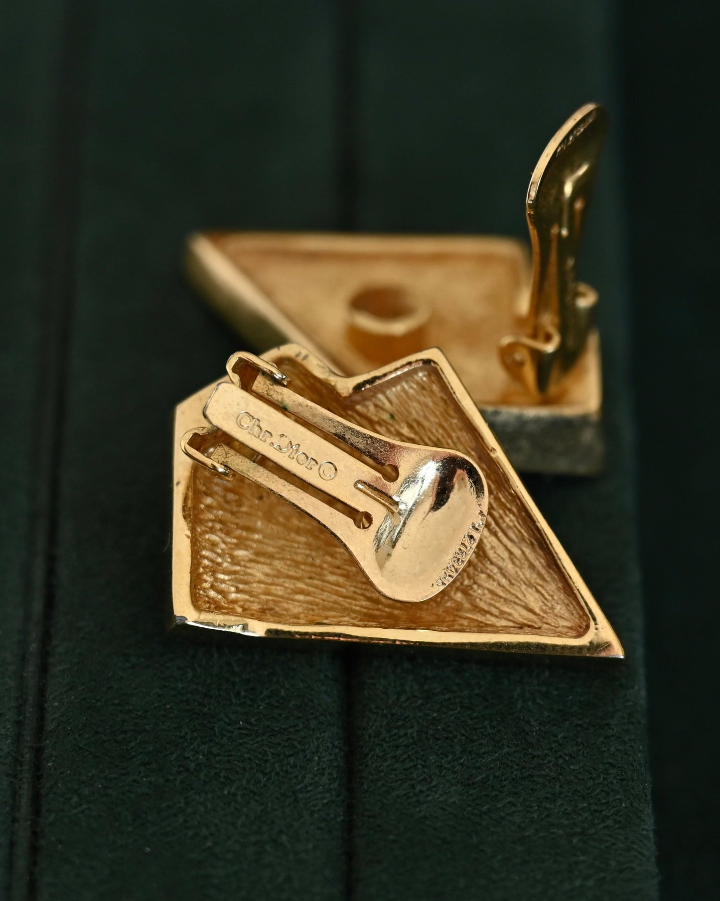 Vintage Christian Dior "Origami" Polygon Black Enamel Rhinestone Pavé Gold-Ton Clip-On Earrings