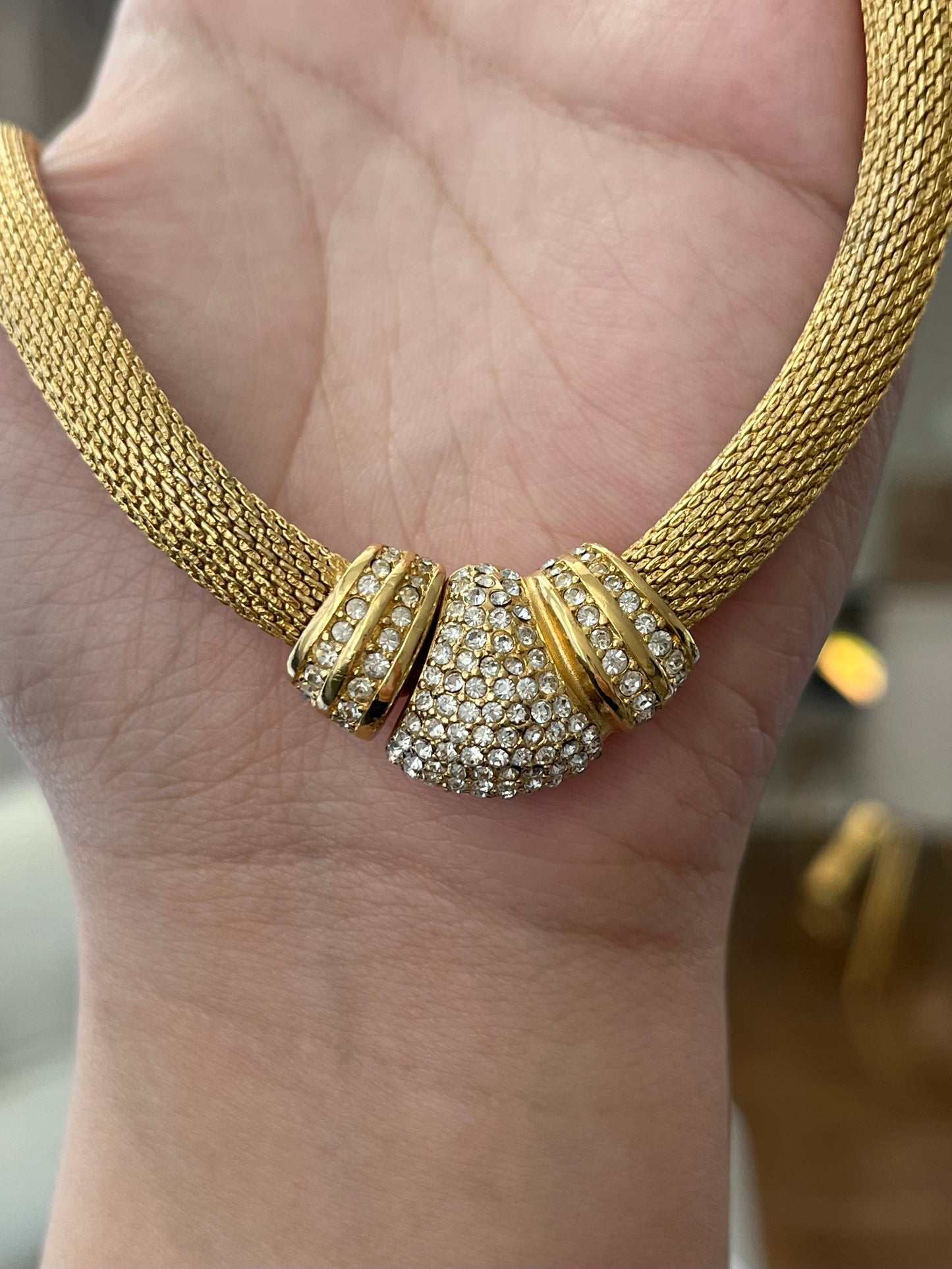 Vintage Christian Dior Rhinestone Pavé Braided Mesh Chain Gold-Tone Choker Necklace