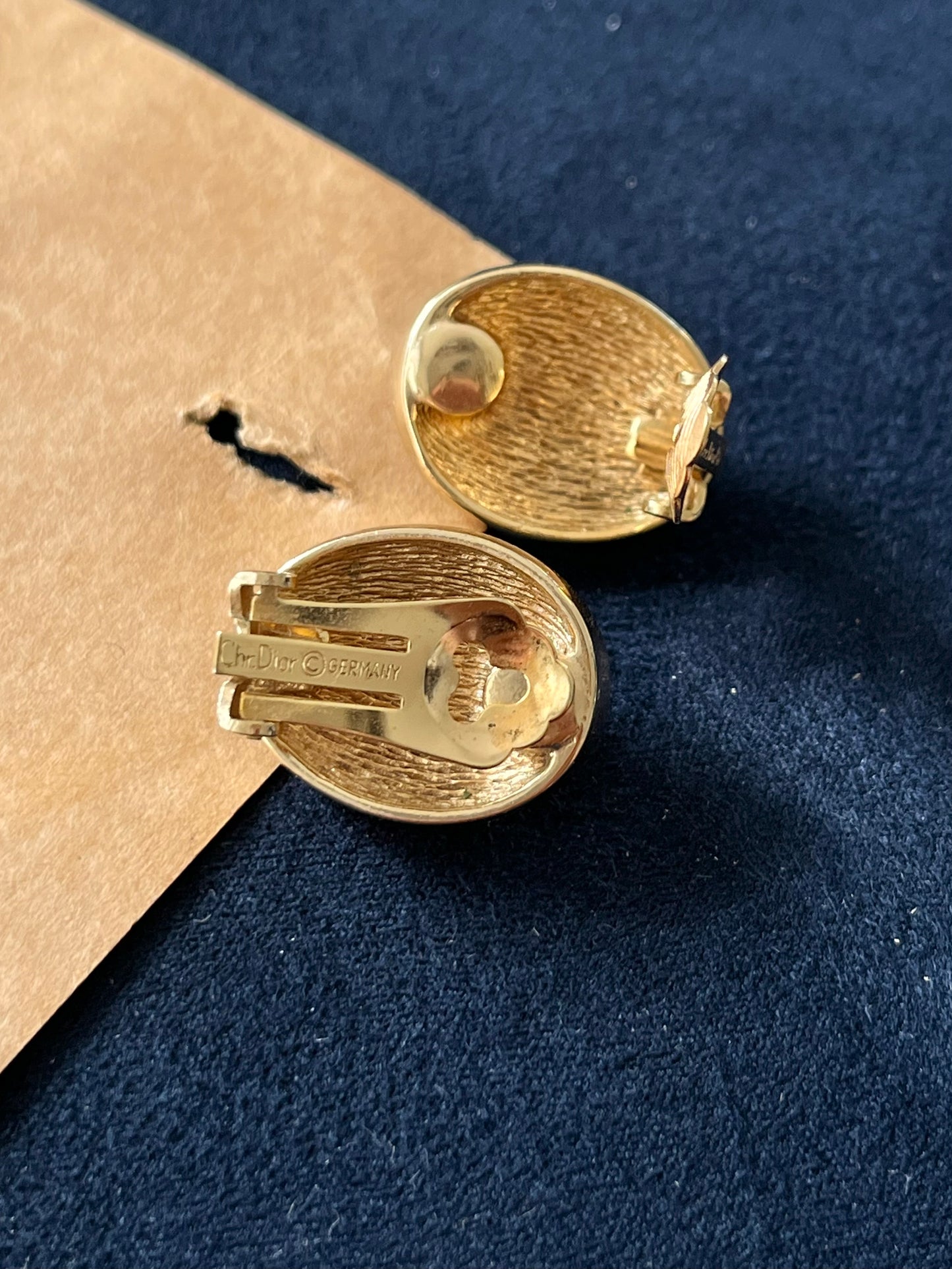 Vintage Christian Dior Oval Black Poured Glass Cabochon Rhinestone Edge Gold-Tone Clip-On Earrings