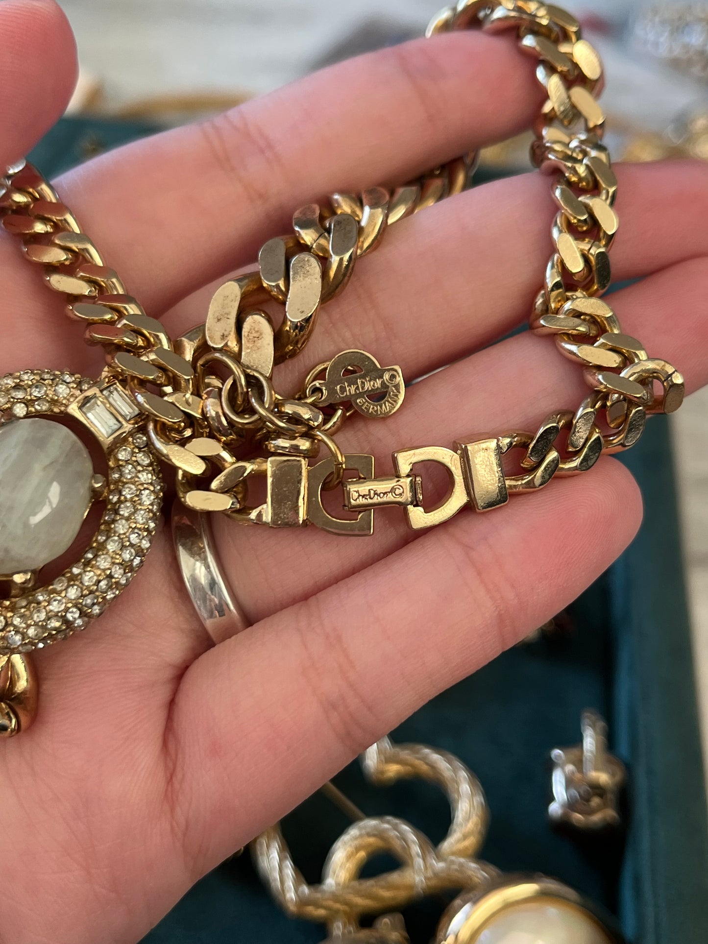 Vintage Christian Dior Irregular Milky White Swirly Poured Glass Cabochon Prong Rhinestone Pavé Edge Gold-Tone Chain Necklace