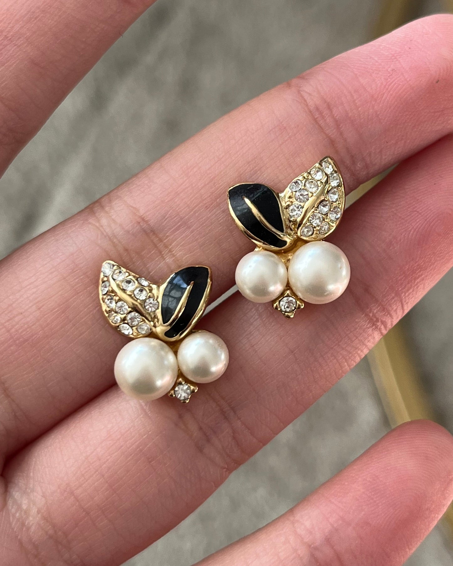 Vintage Christian Dior Fruit Round Pearl Black Enamel Rhinestone Pavé Gold-Tone 14k Gold Post Mini Pierced Earrings
