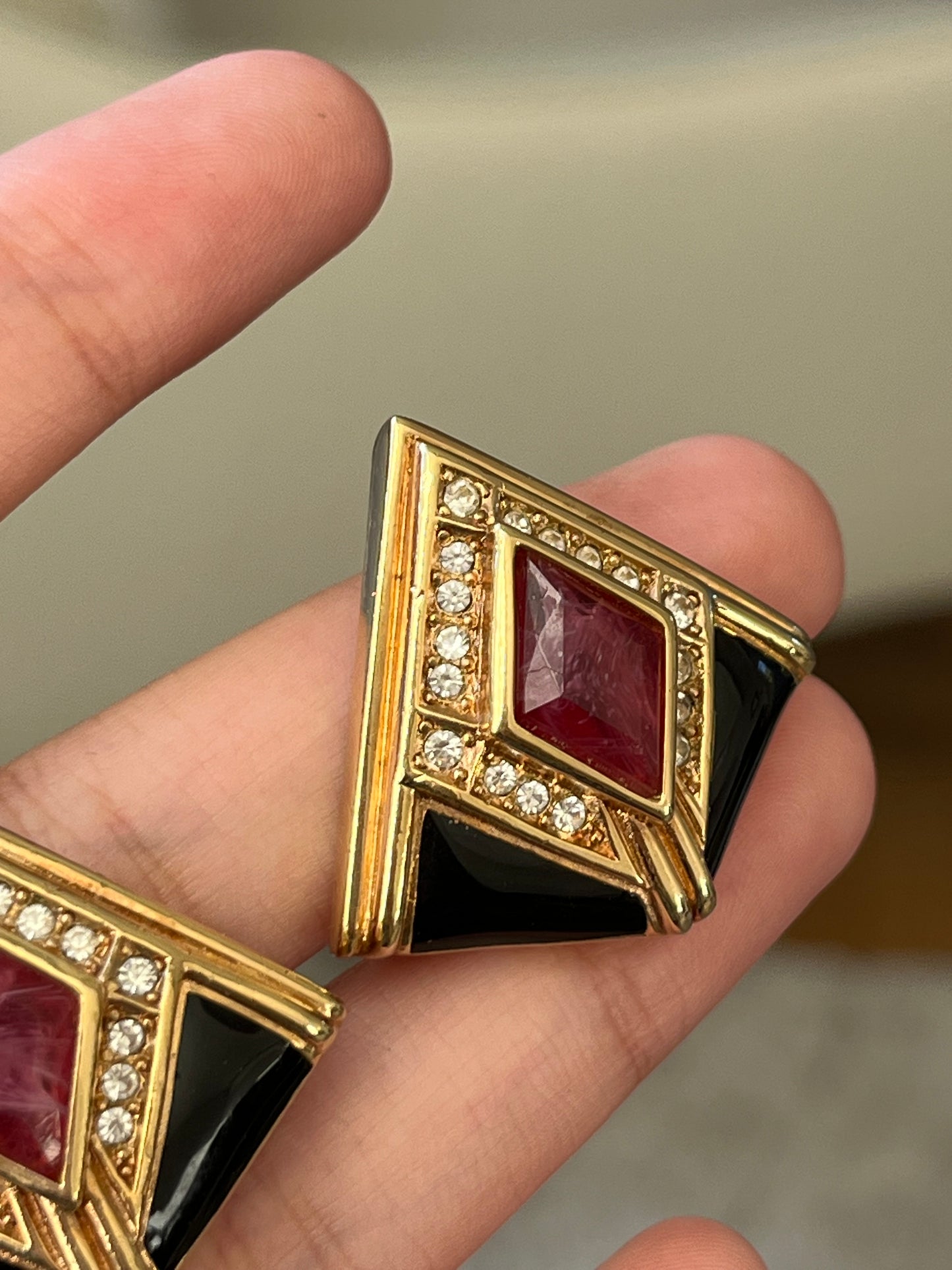 Vintage Christian Dior Red Swirly Glass Cabochon Black Enamel Rhinestone Triangular Gold-Plated Clip-On Earrings