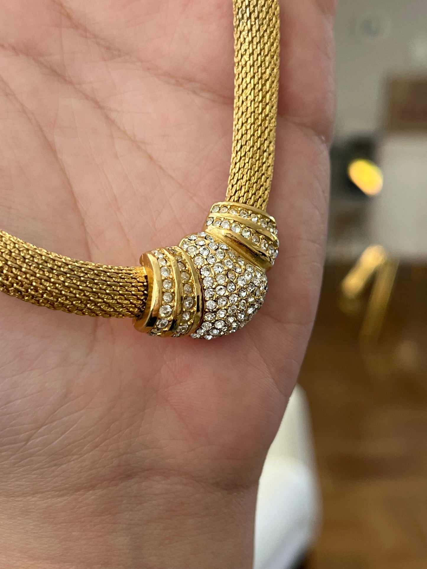 Vintage Christian Dior Rhinestone Pavé Braided Mesh Chain Gold-Tone Choker Necklace