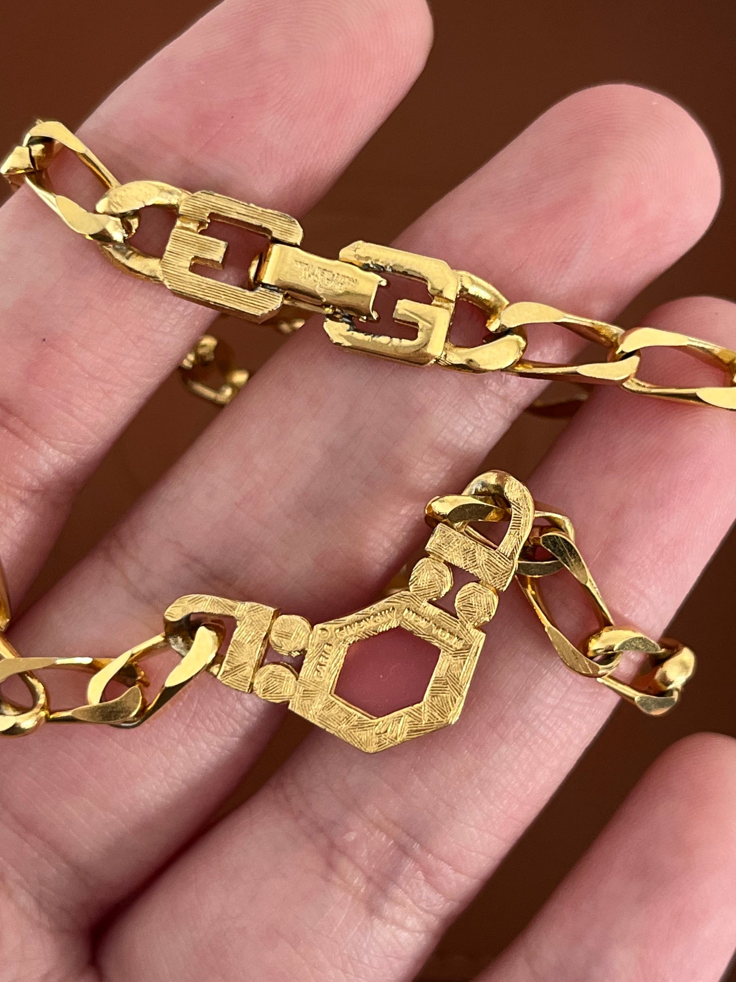 Vintage Givenchy Sugarloaf-Cut Hexagon Pink Resin Cabochon Gold-Tone Chain Necklace