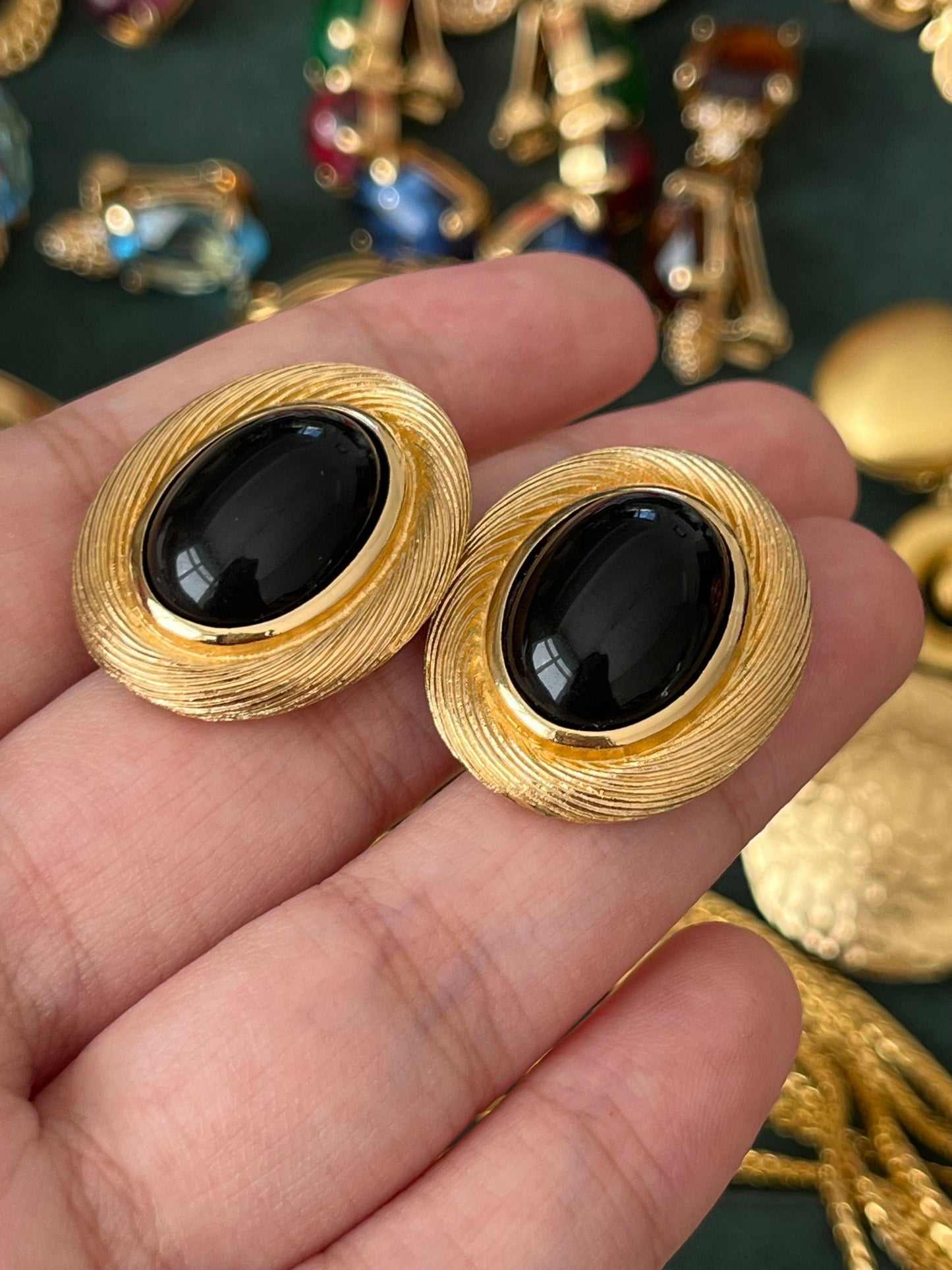 Vintage Christian Dior Oval Black Poured Glass Cabochon Brushed Gold Edge 14k Gold Post Pierced Earrings