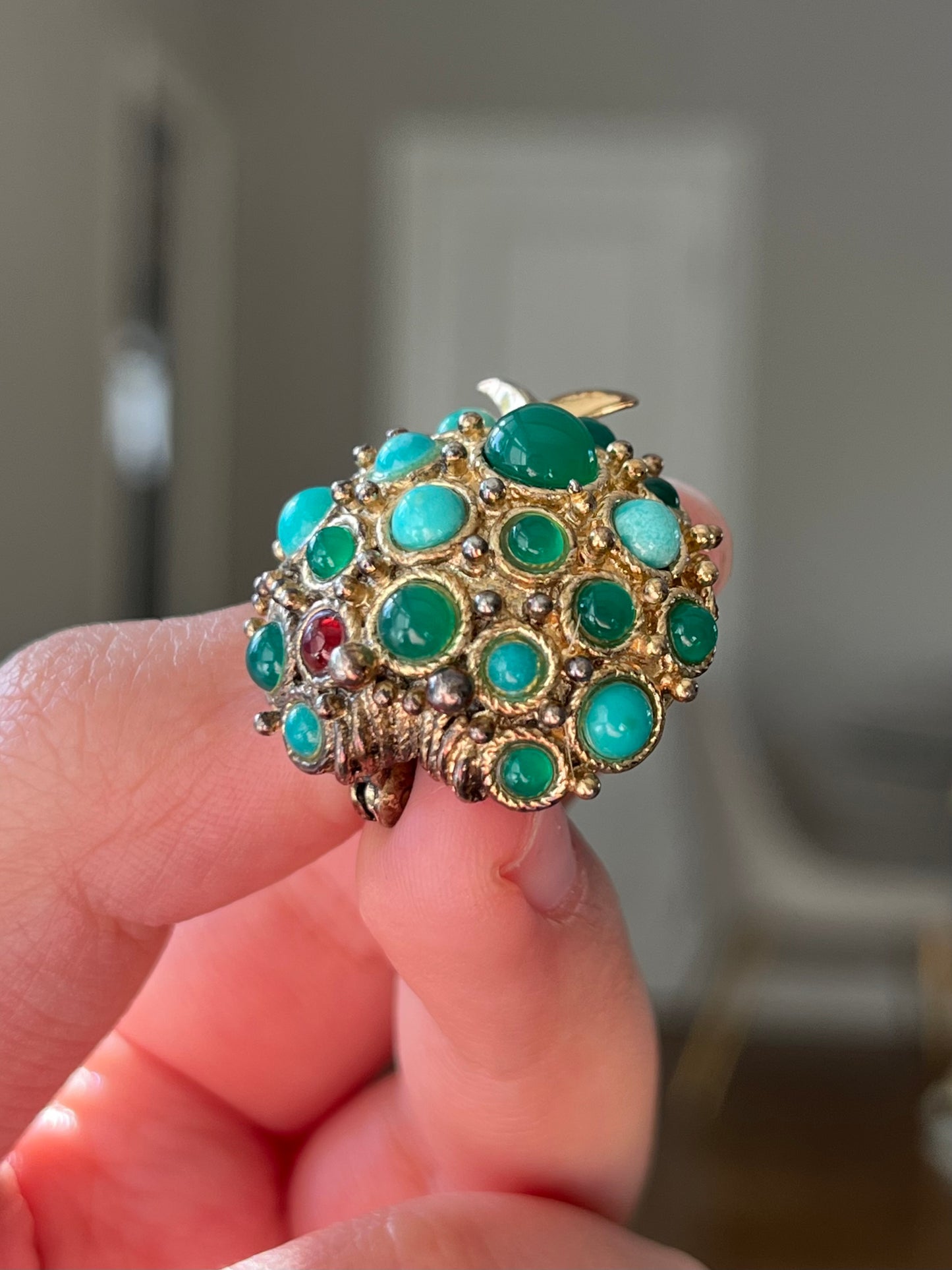 Vintage Grossé (Christian Dior) 1966 Fruit Turquoise Amazonite Faux Jade Cabochon Gold-Tone Brooch