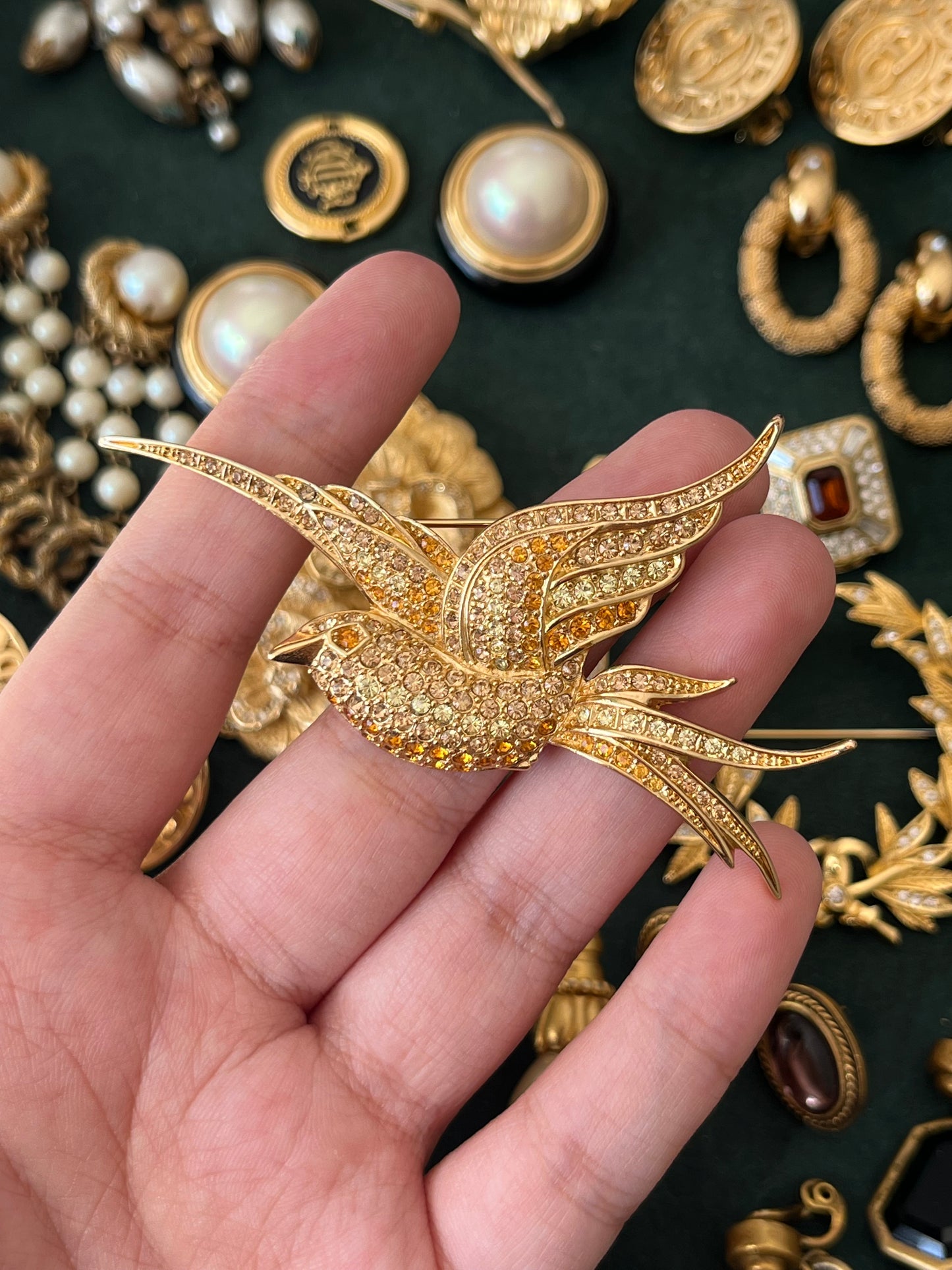 Vintage Christian Dior "Swallow" Bird Yellow Orange Rhinestone Pavé Gold-Tone Brooch