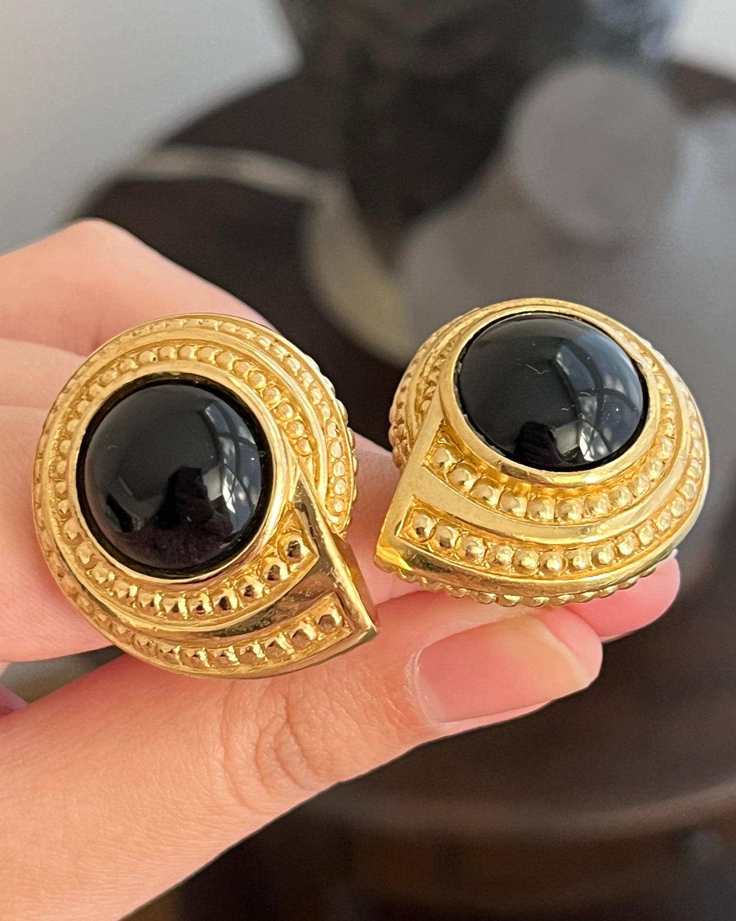 Vintage Christian Dior Sea Shell Round Black Poured Glass Cabochon Swirl Dotted Edge Gold-Plated Clip-On Earrings